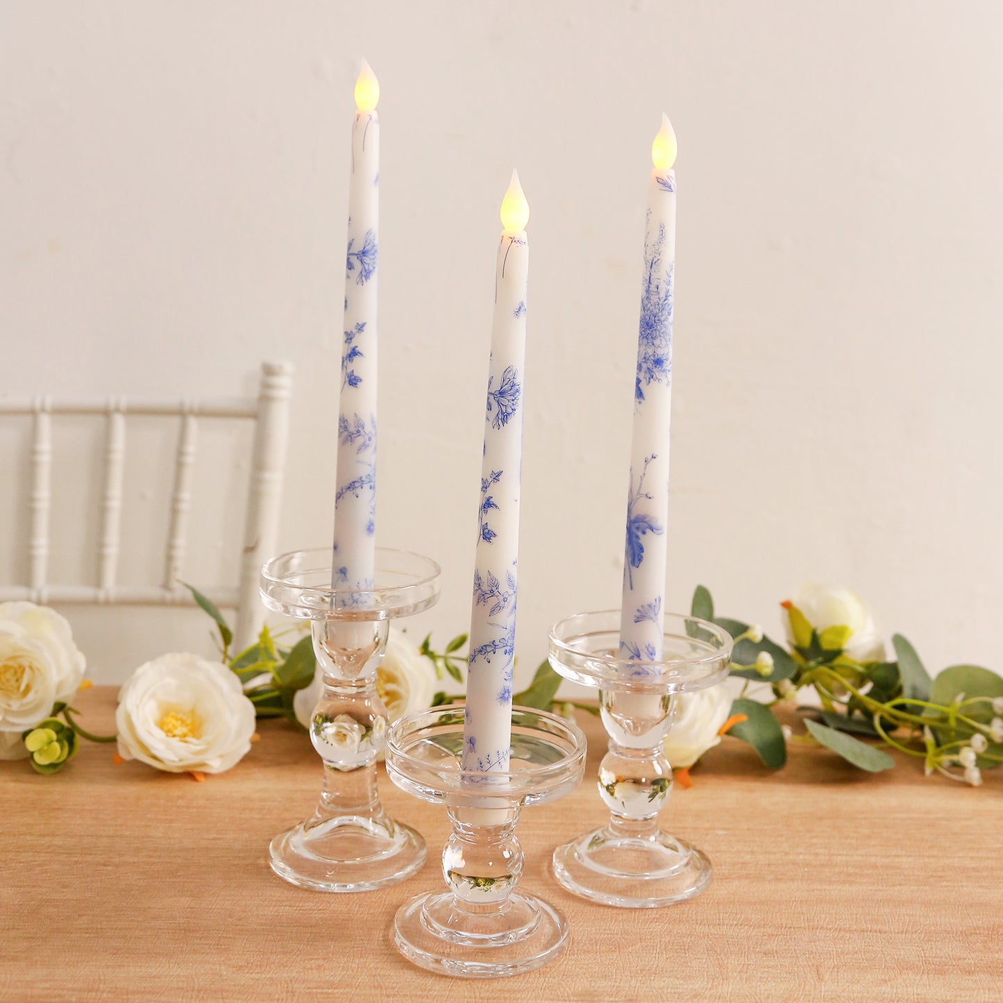 6-Pack 11" Flameless LED Taper Candles, Flickering Battery Operated – White & Blue French Toile Pattern