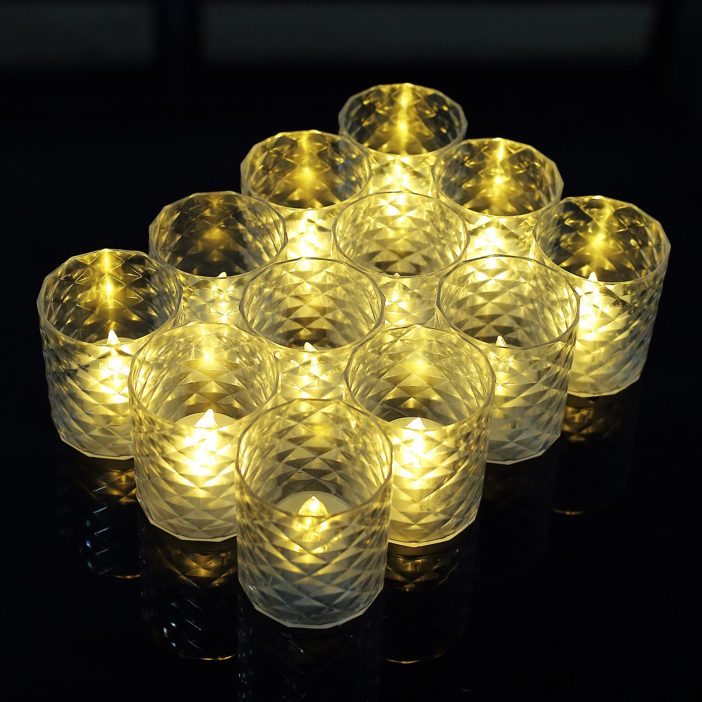 12 Pack 3" Clear LED Tealight Candle Holder Sets, Warm White Battery Operated Votive Candle Lamps Acrylic Diamond Whiskey Glass Style