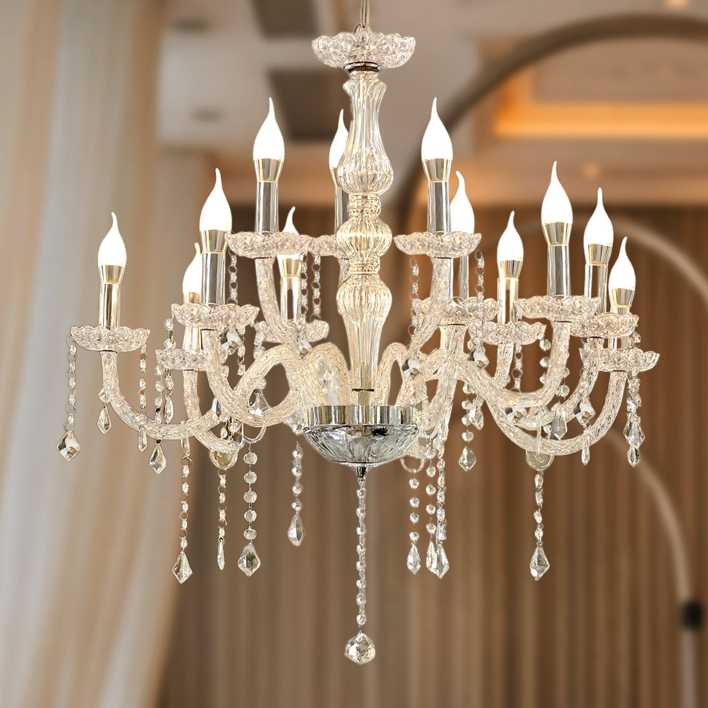 Silver crystal chandelier with 15 LED bulbs, elegant design for dining room or foyer.
