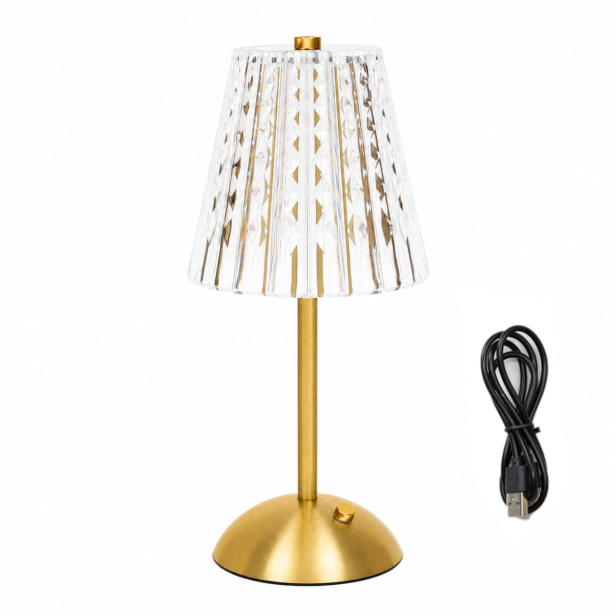 12" Gold Metal LED Table Lamp – Modern Diamond Cut Clear Acrylic Shade, USB Rechargeable Cordless To