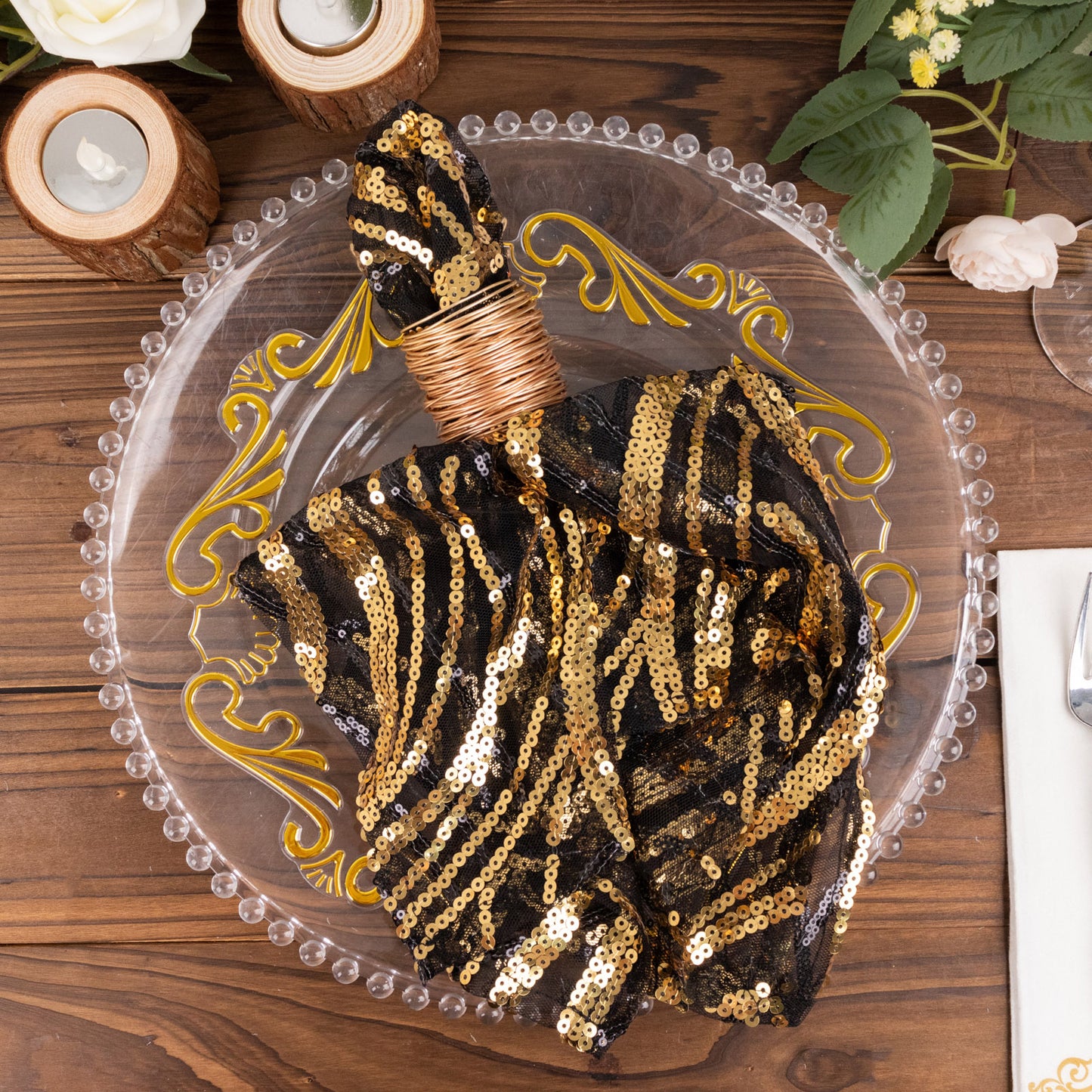 Black Gold Wave Embroidered Sequin Mesh Dinner Napkin, Reusable Decorative Napkin - 20"x20"