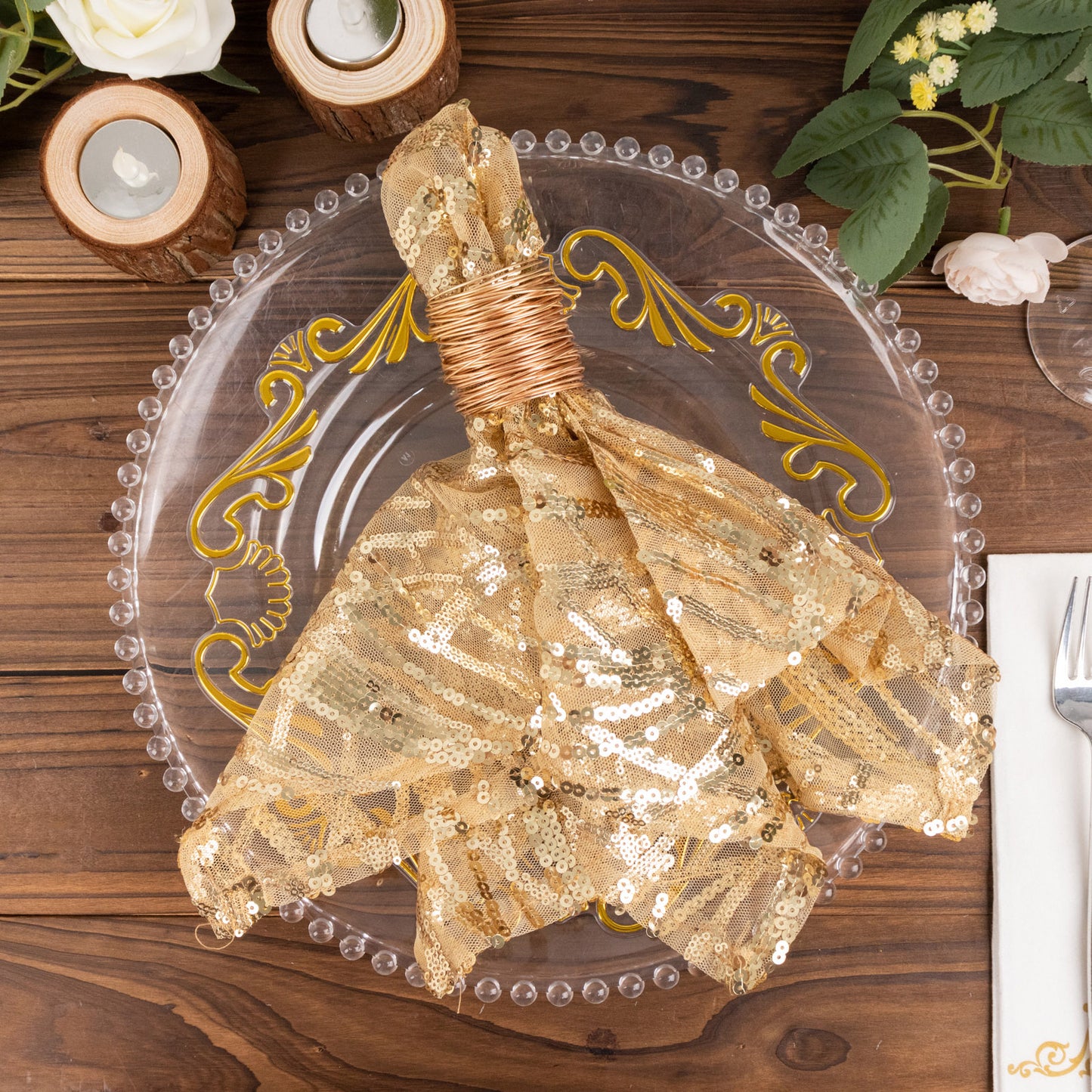 Champagne Wave Embroidered Sequin Mesh Dinner Napkin, Reusable Decorative Napkin - 20"x20"