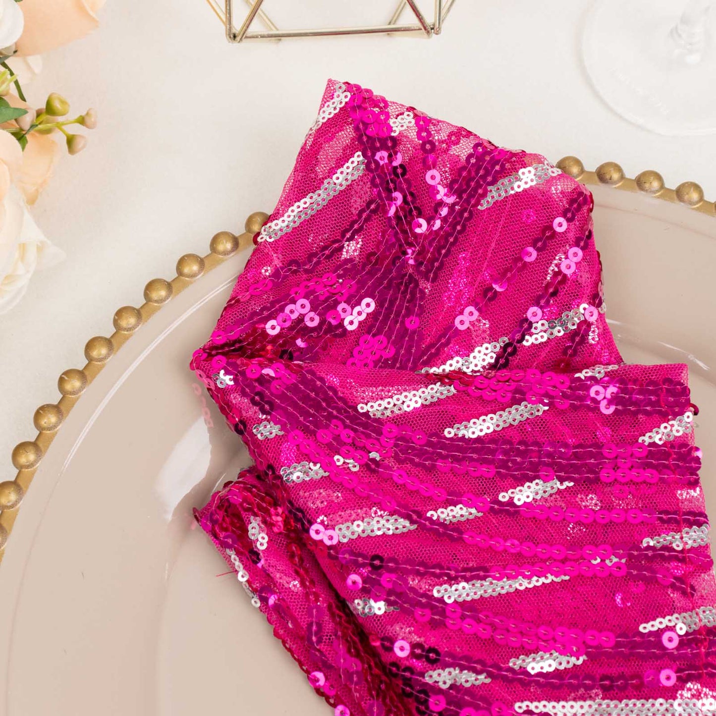 Fuchsia Silver Wave Embroidered Sequin Mesh Dinner Napkin, Reusable Decorative Napkin - 20"x20"
