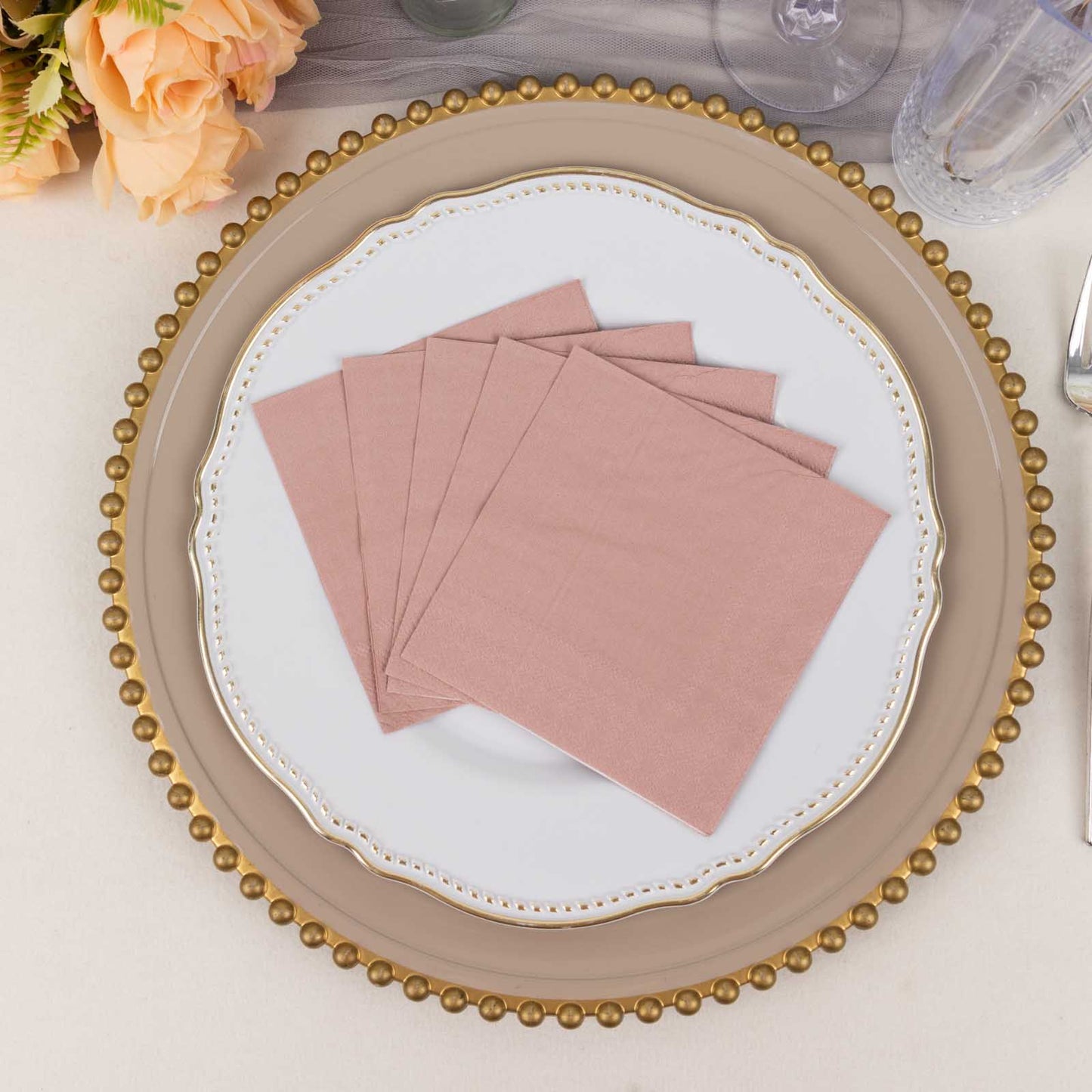 50 Pack 5"x5" Dusty Rose Soft 2-Ply Disposable Cocktail Napkins, Paper Beverage Napkins - 18GSM