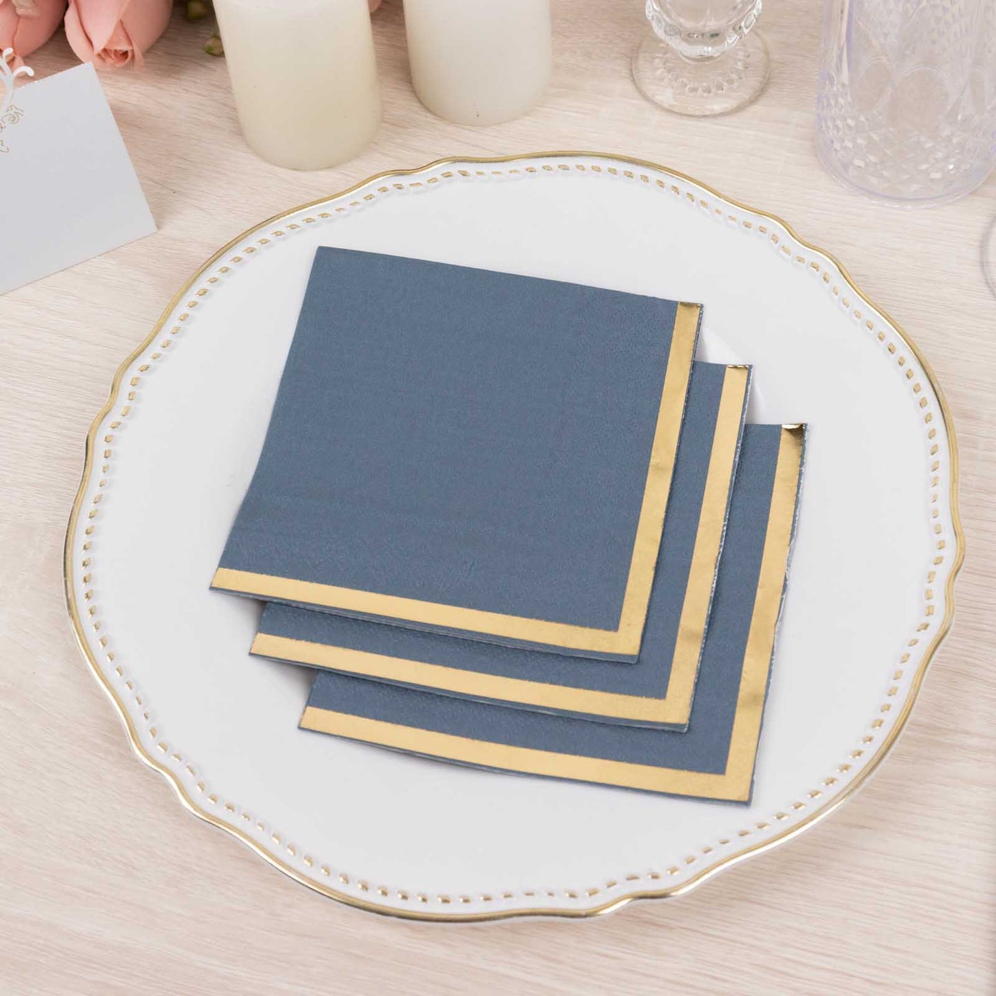 50 Pack Dusty Blue Disposable Cocktail Napkins with Gold Foil Edge, Soft 2 Ply Paper Beverage Napkins - 5"x5"