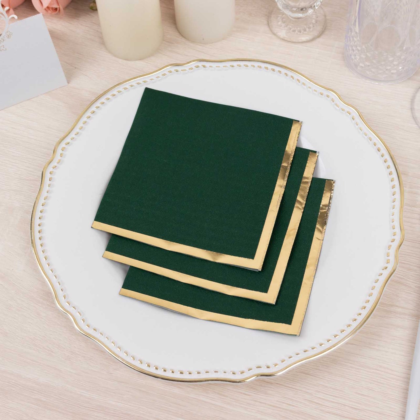 50 Pack Hunter Emerald Green Disposable Cocktail Napkins with Gold Foil Edge, Soft 2 Ply Paper Beverage Napkins - 5"x5"