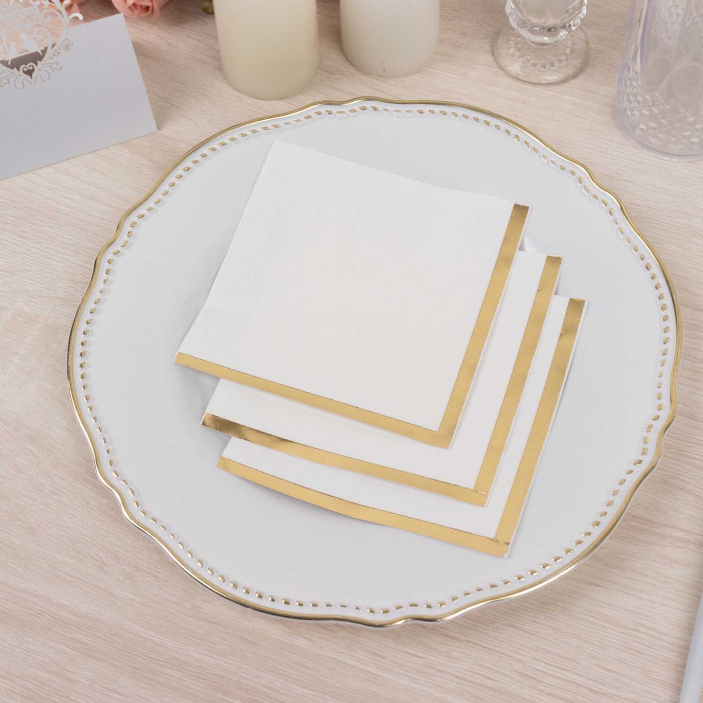50 Pack White Disposable Cocktail Napkins with Gold Foil Edge, Soft 2 Ply Paper Beverage Napkins - 5"x5"