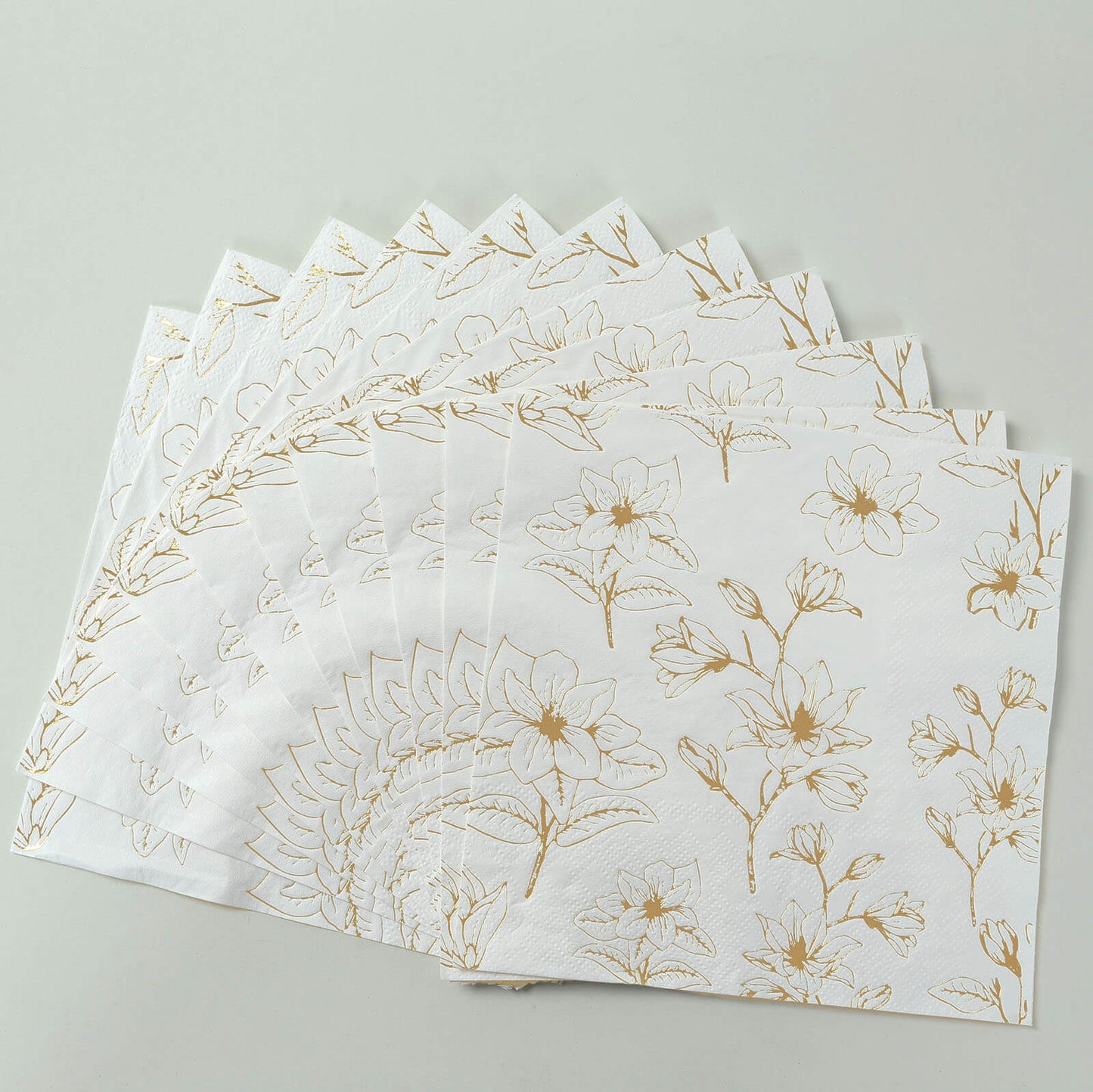 50 Pack White 2-Ply Paper Beverage Napkins with Gold Magnolia Flowers Print, Highly Absorbent Soft Disposable Cocktail Napkins
