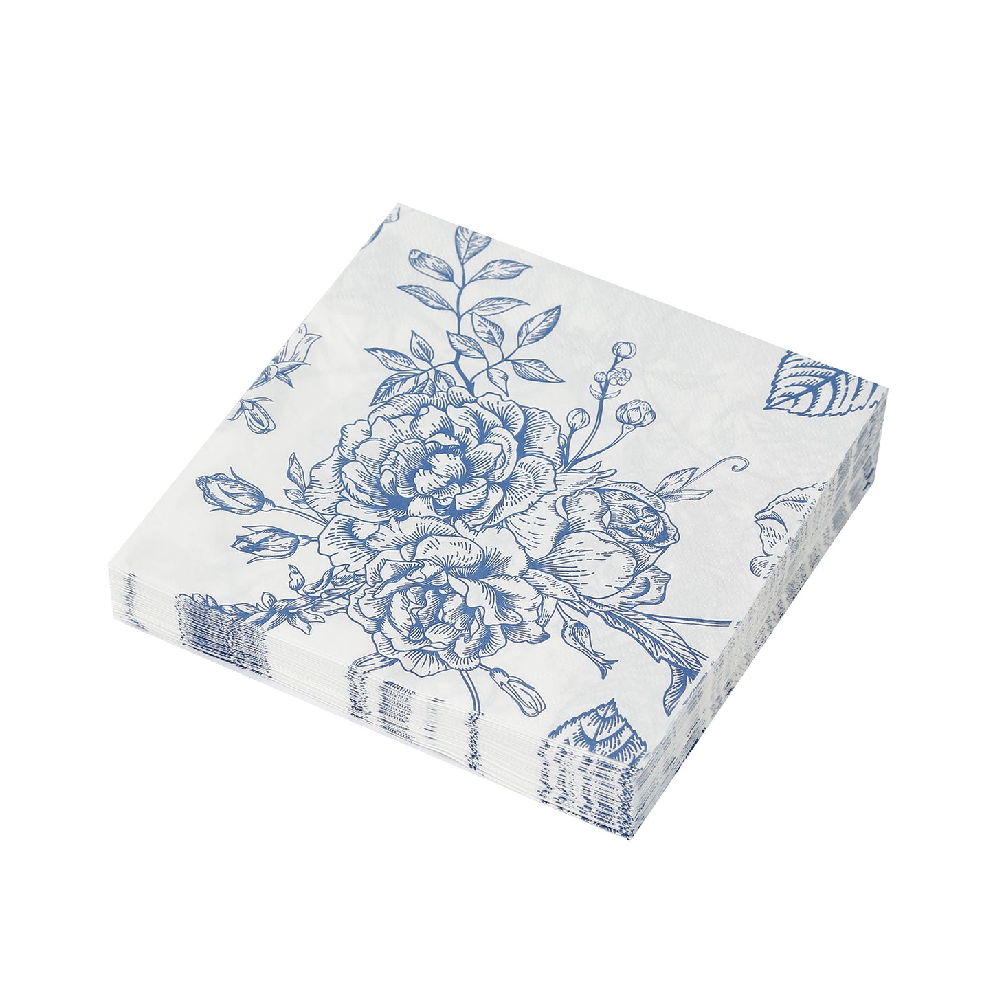 50 Pack 2-Ply Paper Beverage Napkins in Matte Blue and White French Toile Floral Pattern, Highly Absorbent Soft Disposable Cocktail Napkins