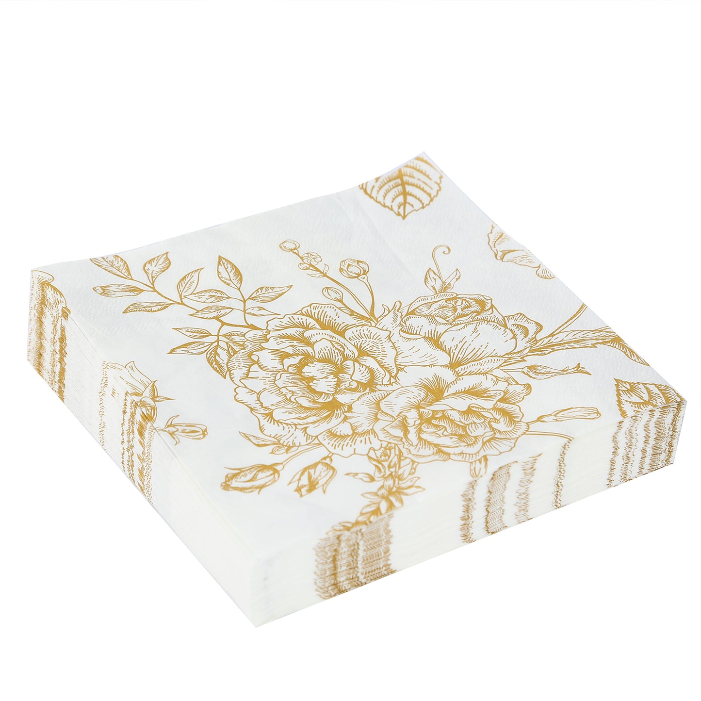 50 Pack White Gold 2-Ply Paper Beverage Napkins in French Toile Floral Pattern, Highly Absorbent Soft Disposable Cocktail Napkins