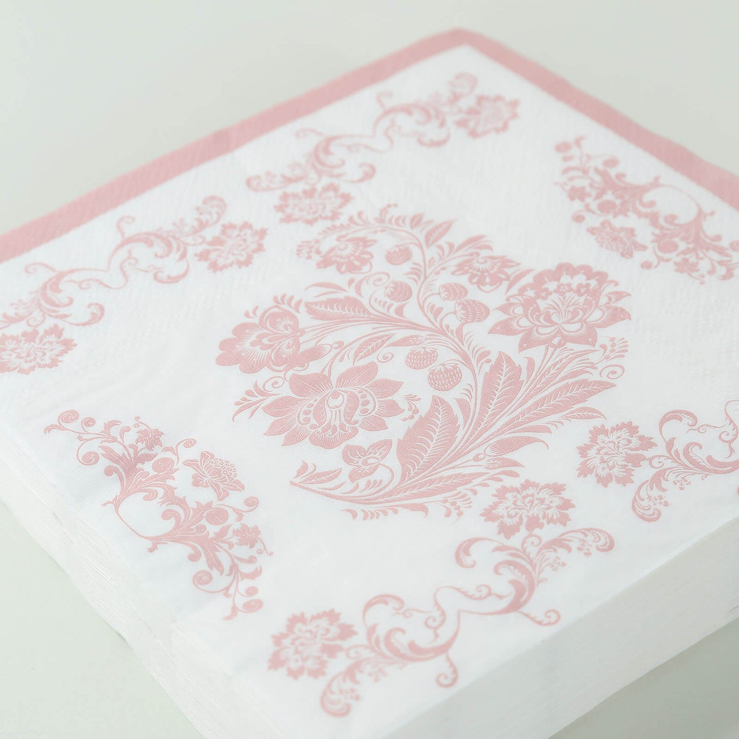 50 Pack 2-Ply Paper Beverage Napkins in White Matte Pink Damask Floral Pattern, Disposable Cocktail Napkins - Highly Absorbent & Soft