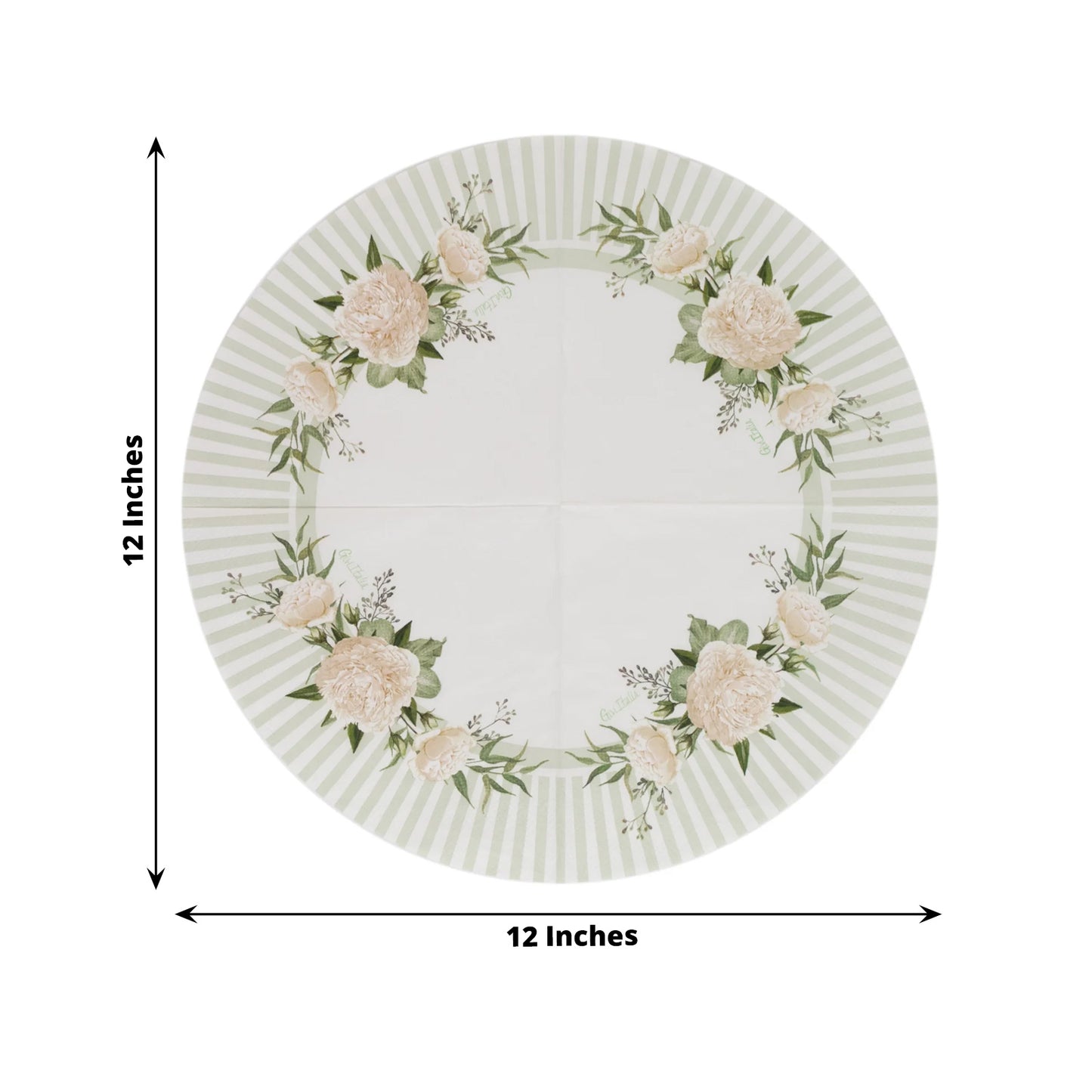 25 Pack White Sage Green Round Paper Napkins with Floral Lined Pattern, Highly Absorbent 2-Ply Disposable Cocktail Beverage Napkins - 12"