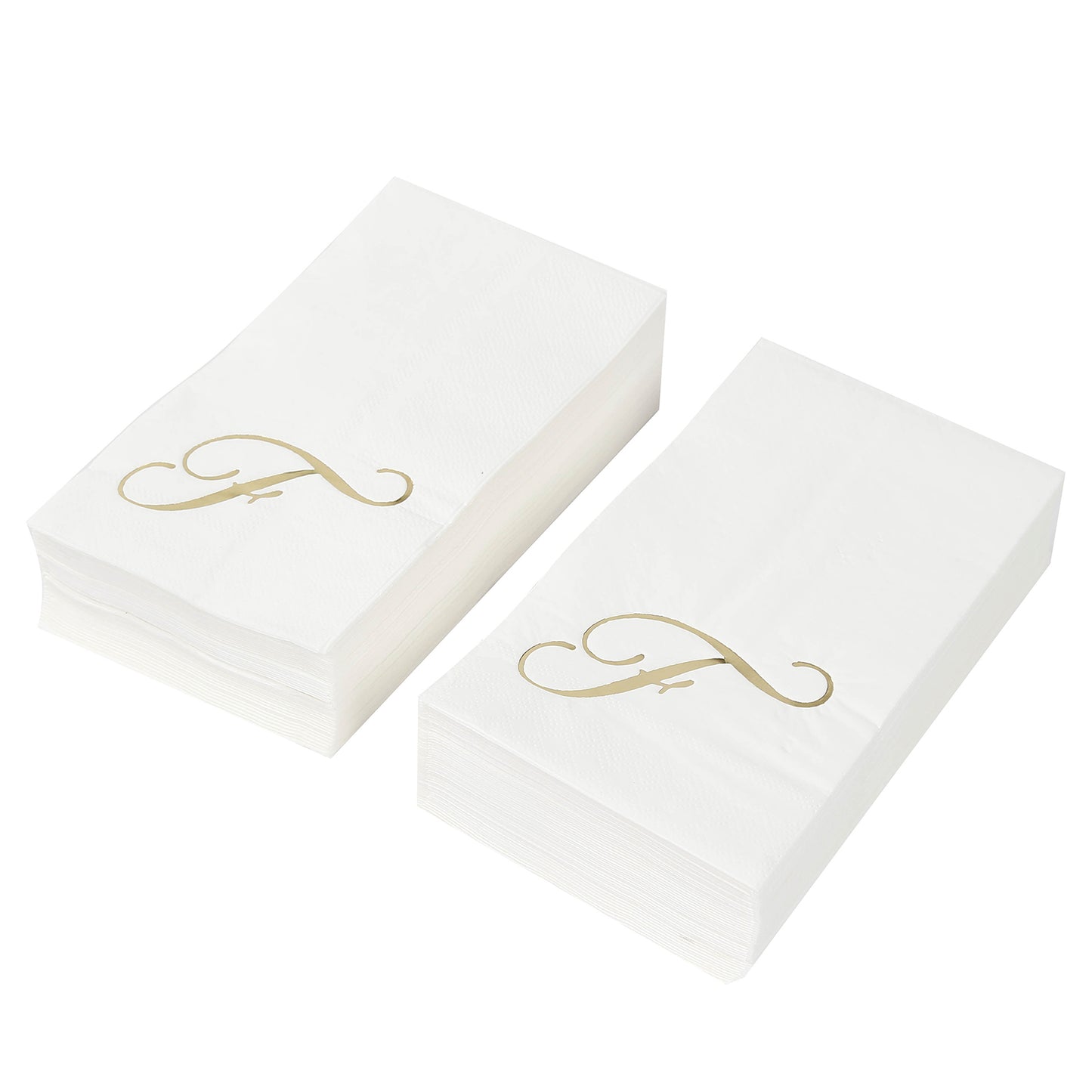 White dinner napkins with gold foil monogram "F", folded, disposable party napkins.