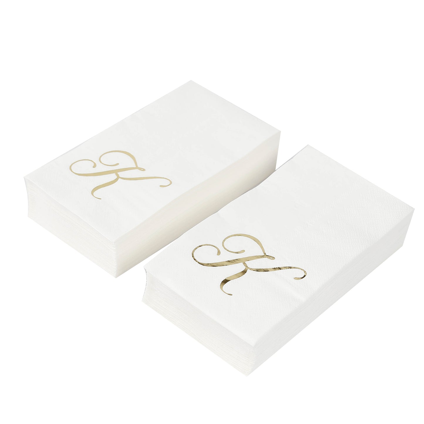 White dinner napkins with gold foil monogram "K".