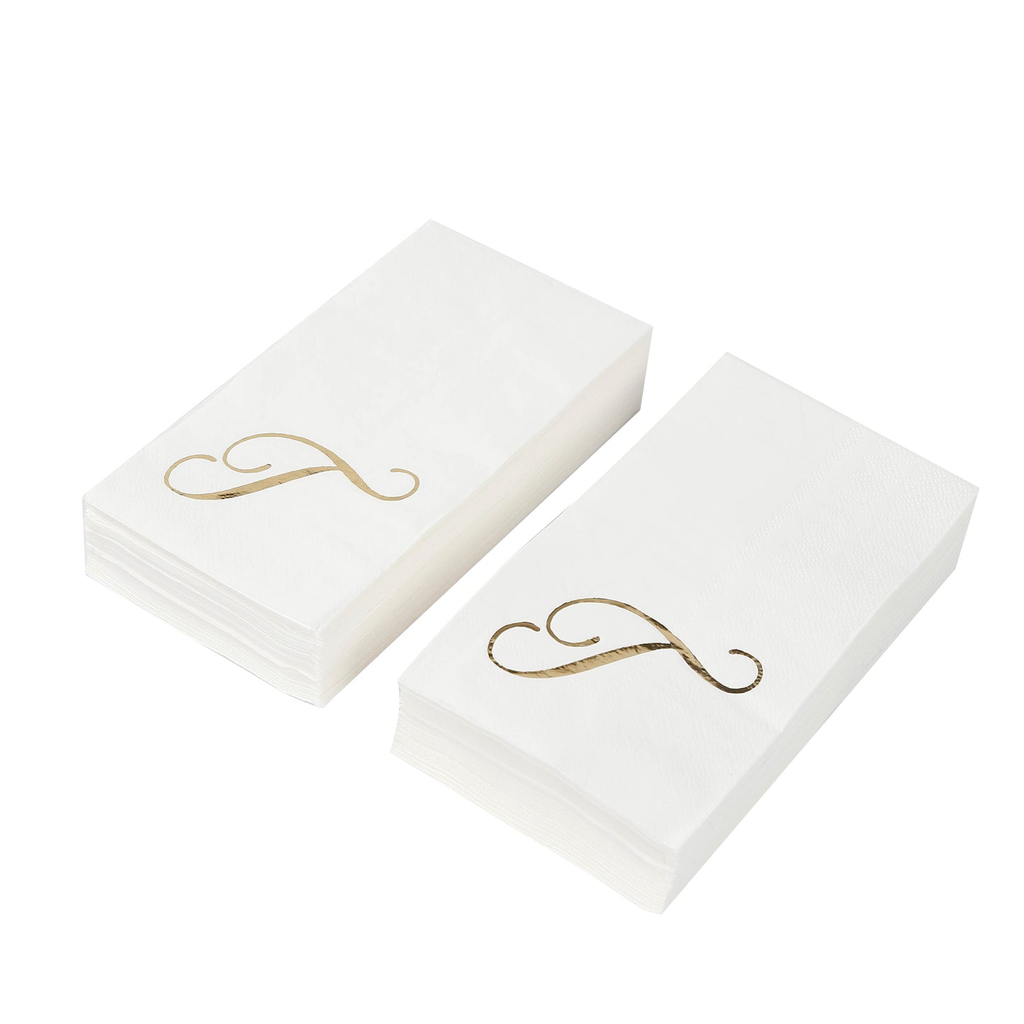 White dinner napkins with gold foil monogram "T", disposable for parties.