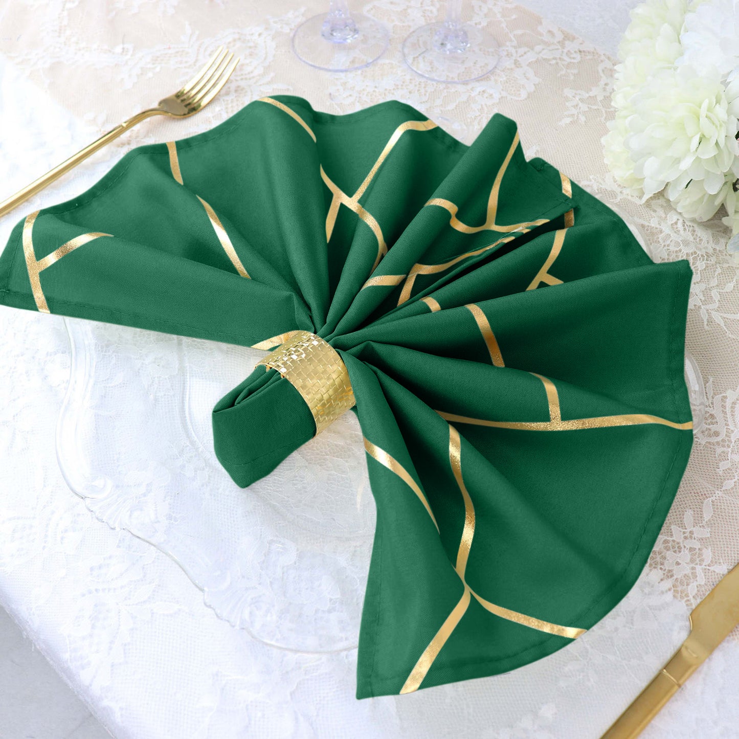 Square Hunter Emerald Green Dinner Napkins With Gold Geometric Design Polyester 20x20 Inches