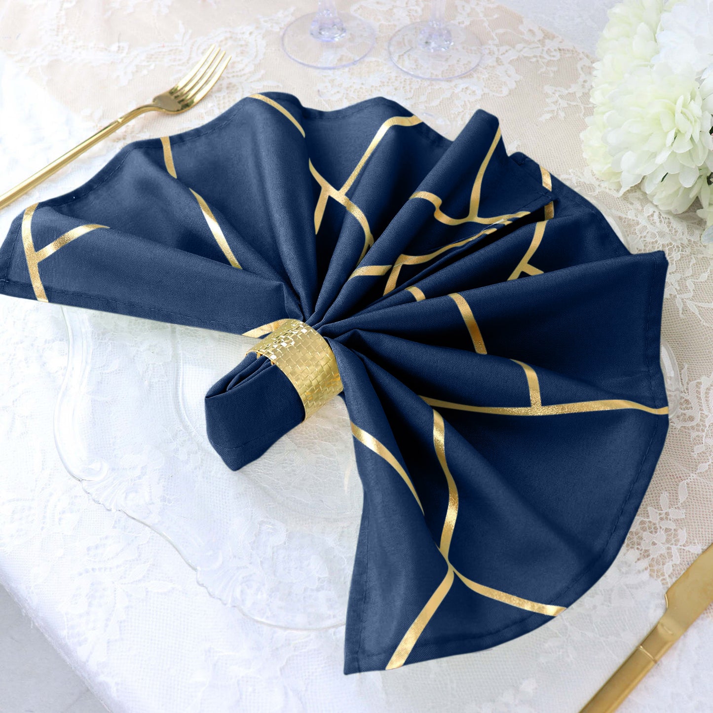 Geometric Gold Print On Navy Blue Cloth Dinner Napkins 20x20 Inch