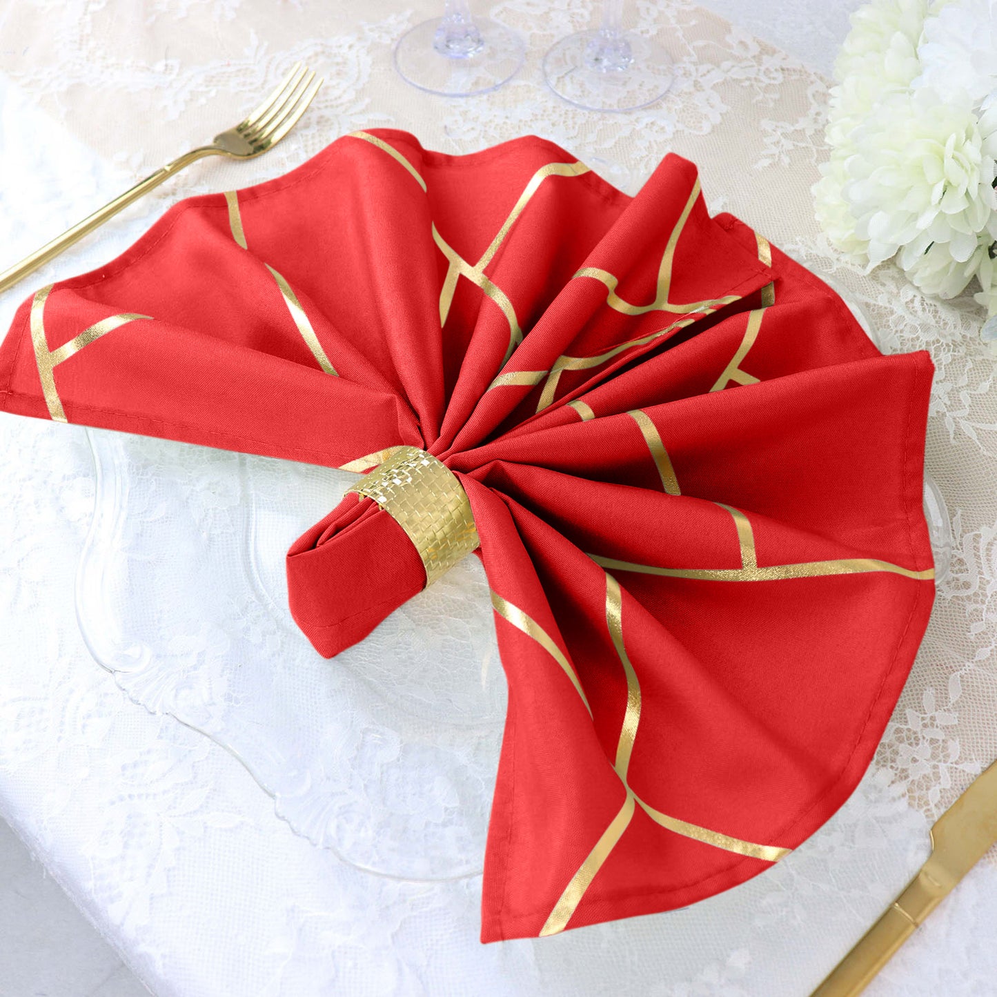 5 Pack Red Cloth Dinner Napkins with Gold Geometric Design 20 Inch x 20 Inch