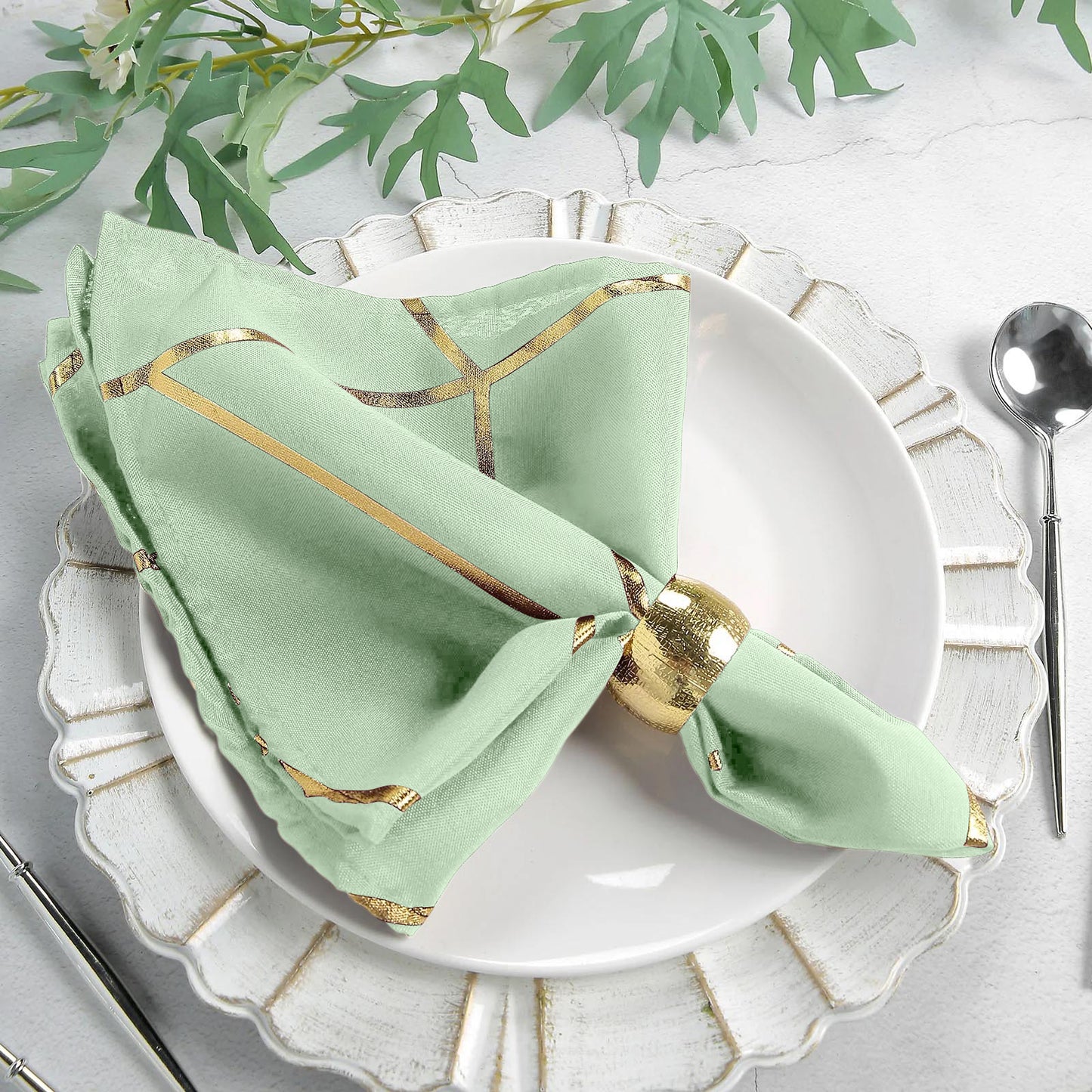 Pack of 5 Polyester Sage Green Cloth Napkins with Gold Foil Geometric Design 20 Inch x 20 Inch