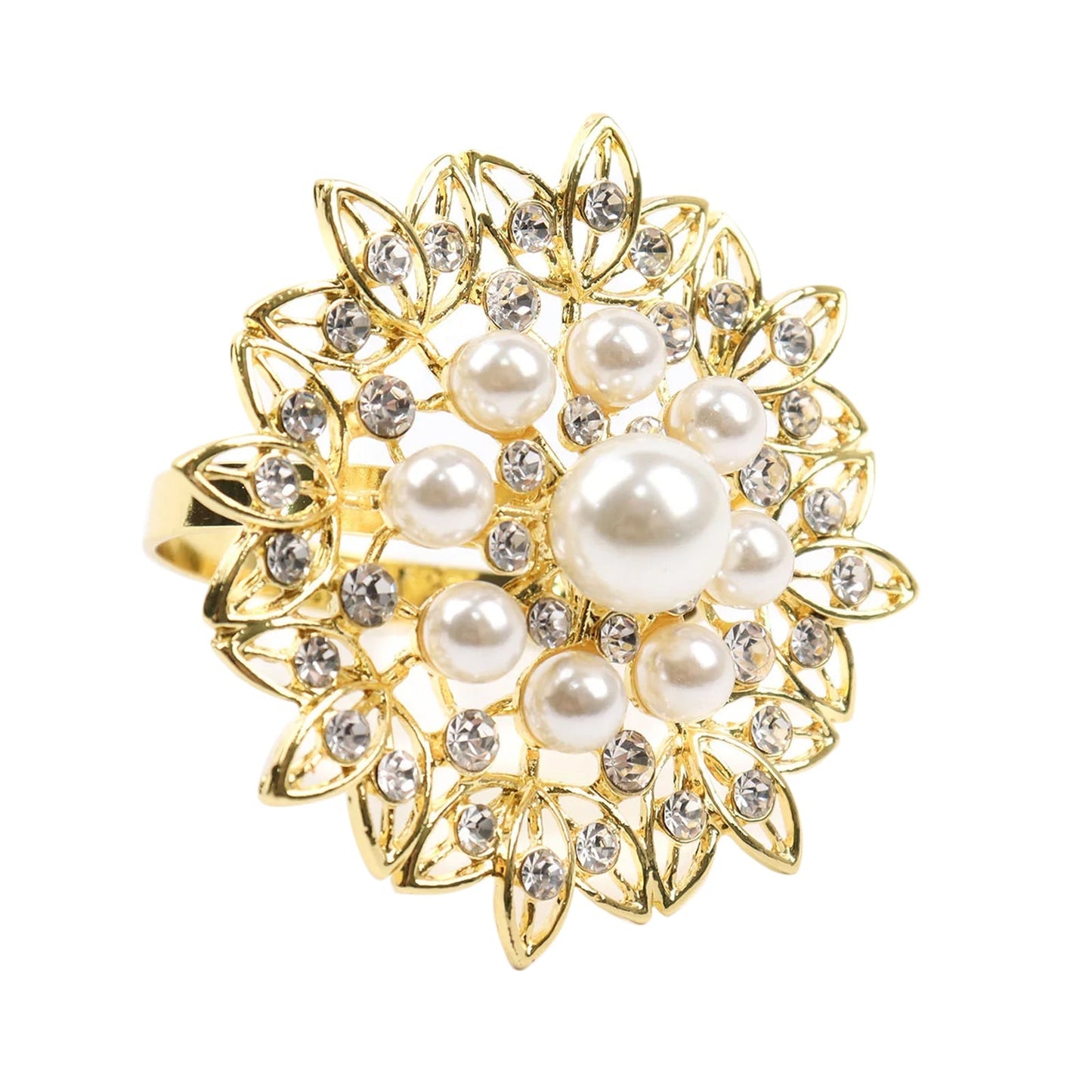 Gold pearl and diamond rhinestone flower napkin ring holder.