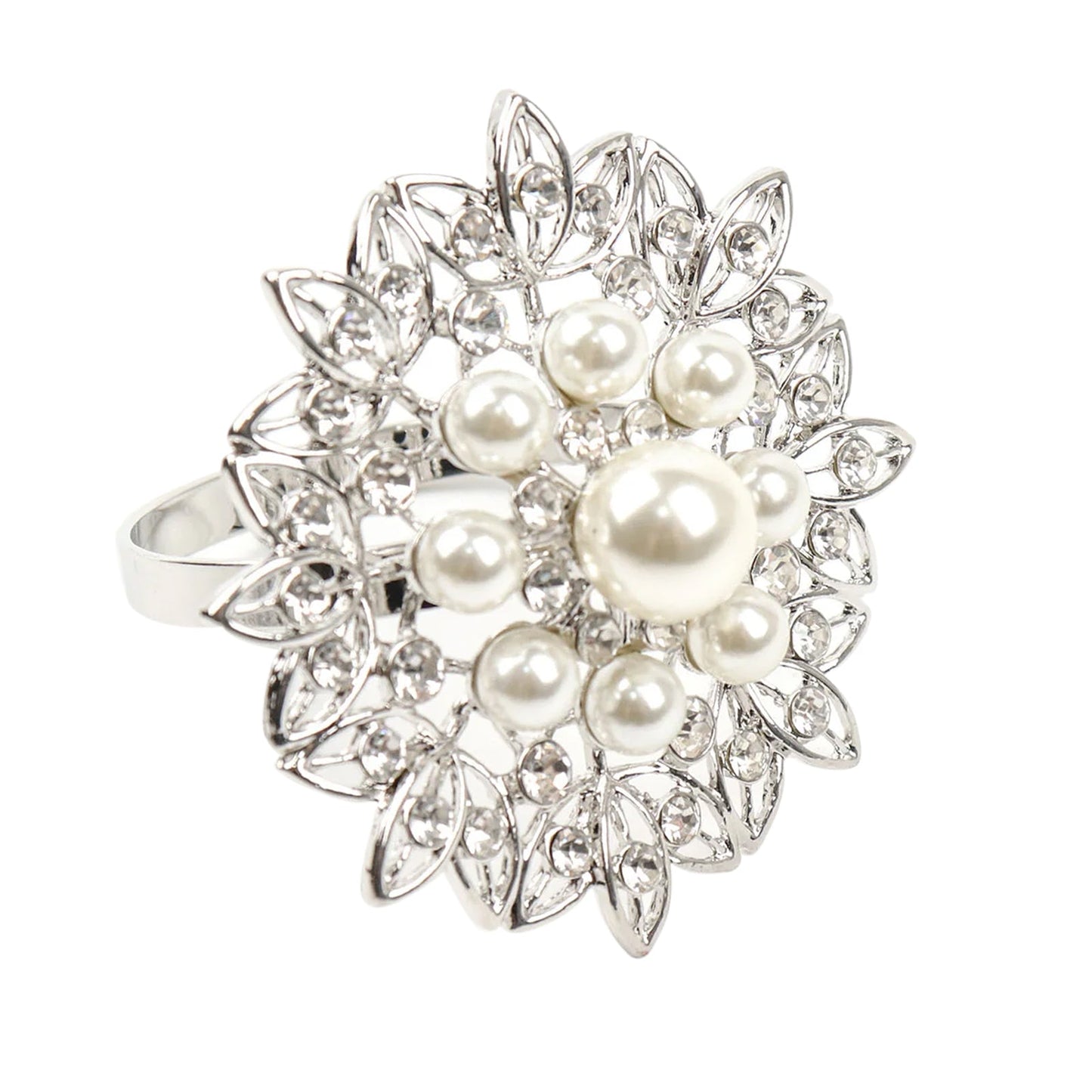 Silver pearl and diamond flower napkin ring holder.