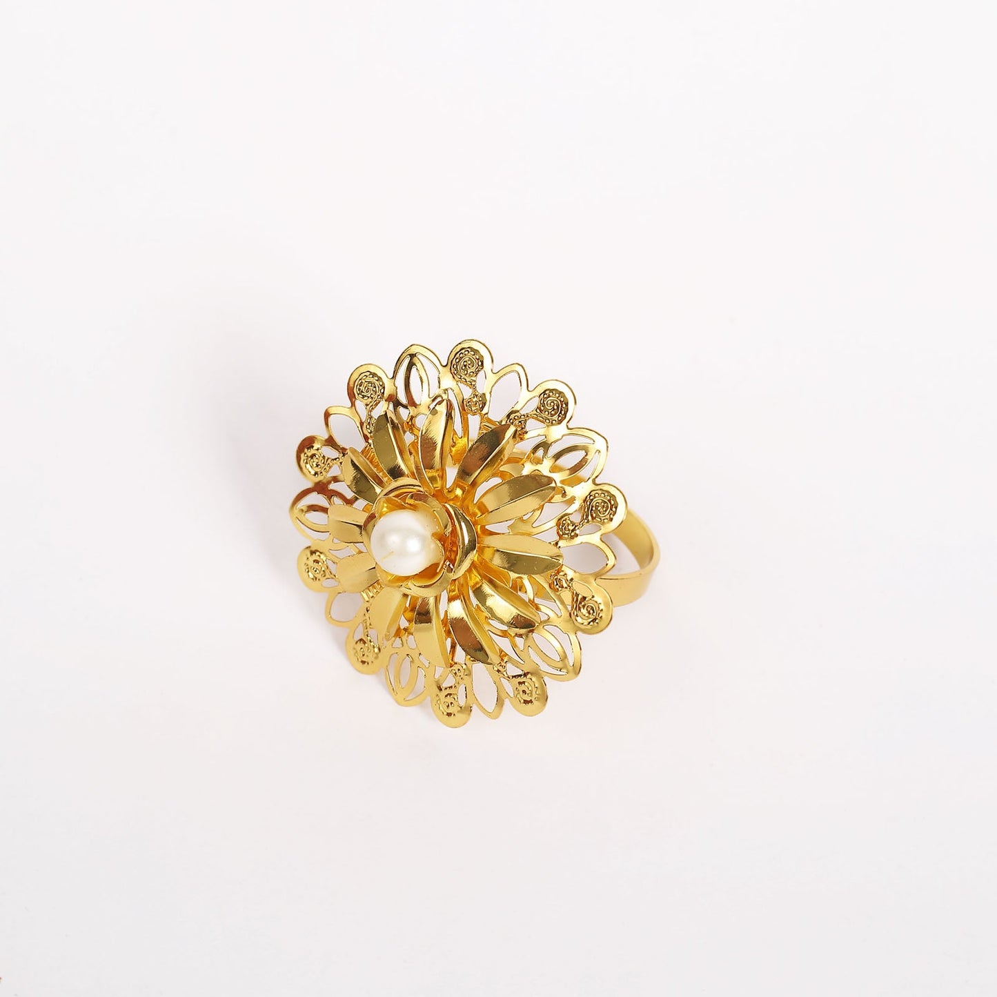 Elegant gold floral napkin ring with pearl detail.