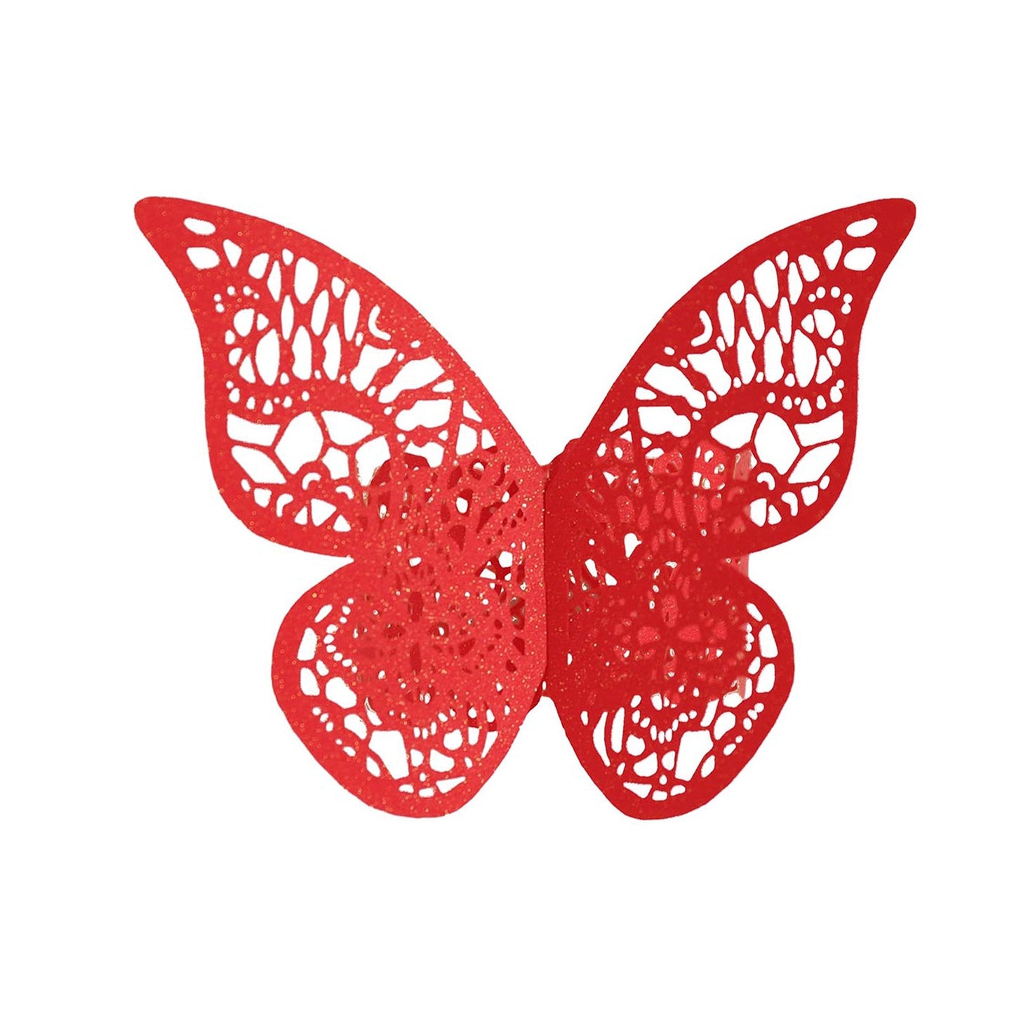 Red shimmery laser cut butterfly napkin ring for elegant table decor.