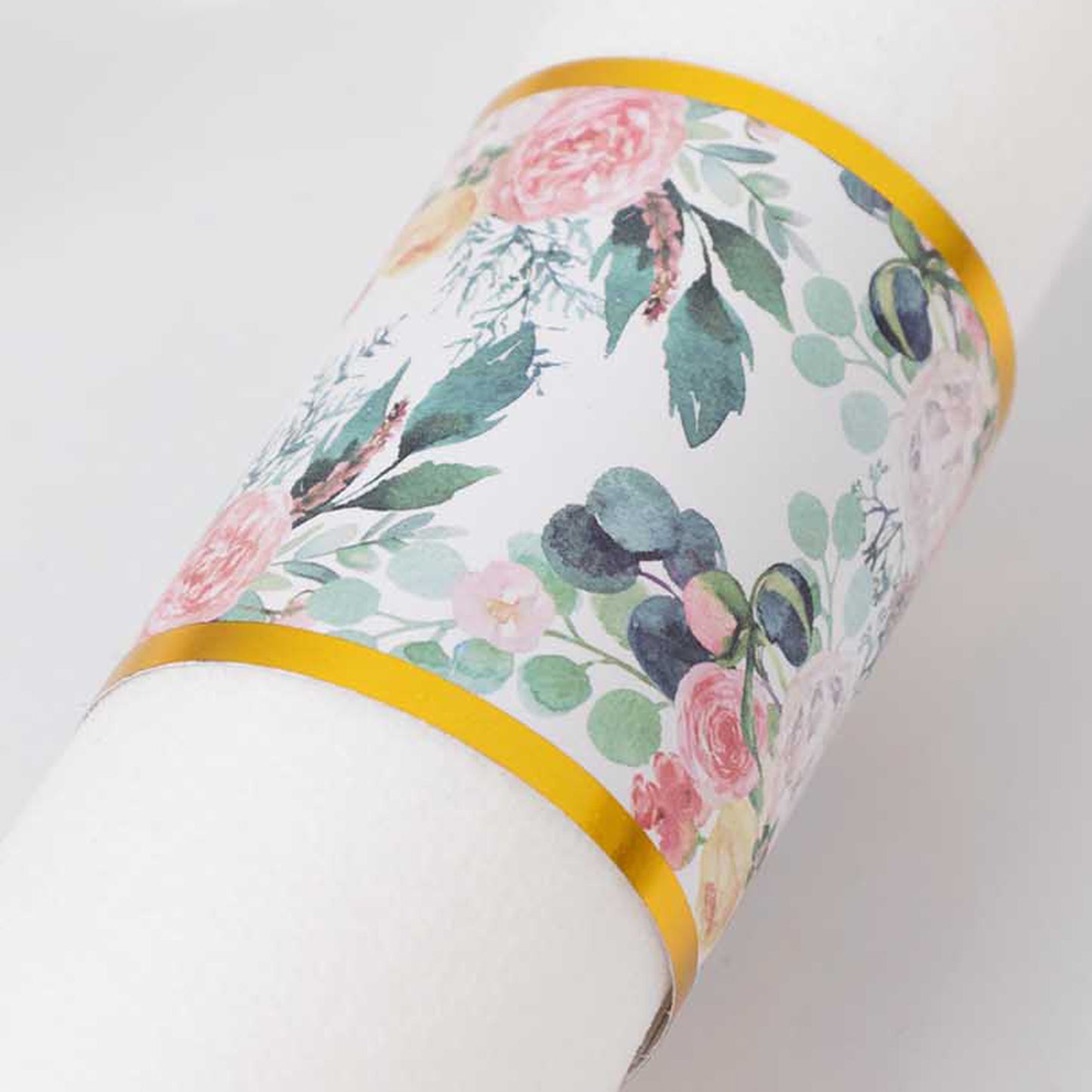 Pink peony floral napkin holder band with gold edge.
