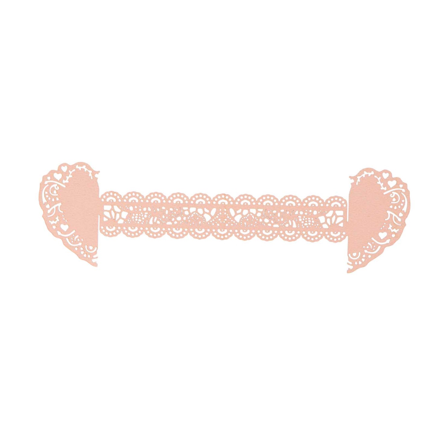 Blush shimmery laser cut heart paper napkin holder with lace pattern.