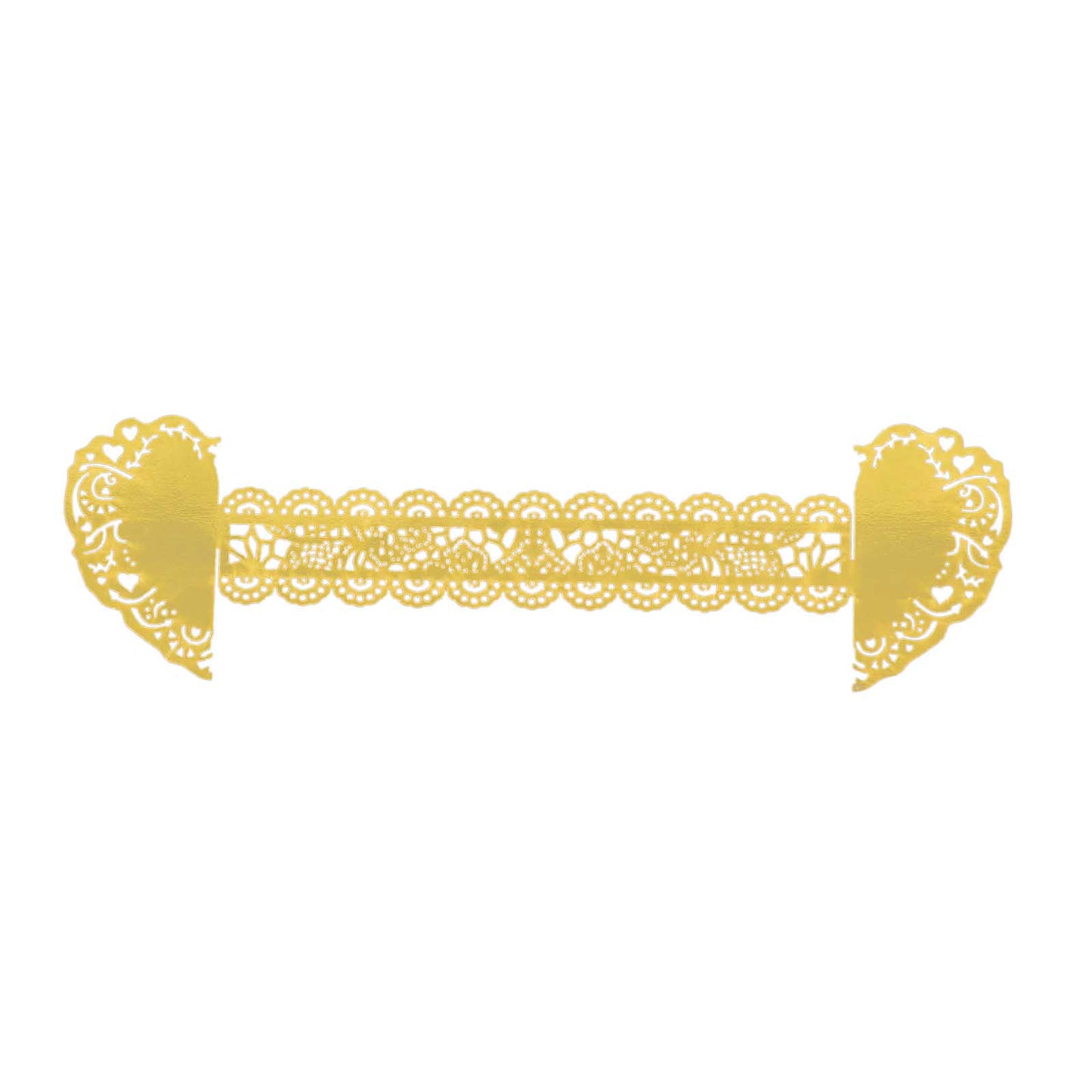 Metallic gold foil laser cut heart napkin holders with lace pattern.