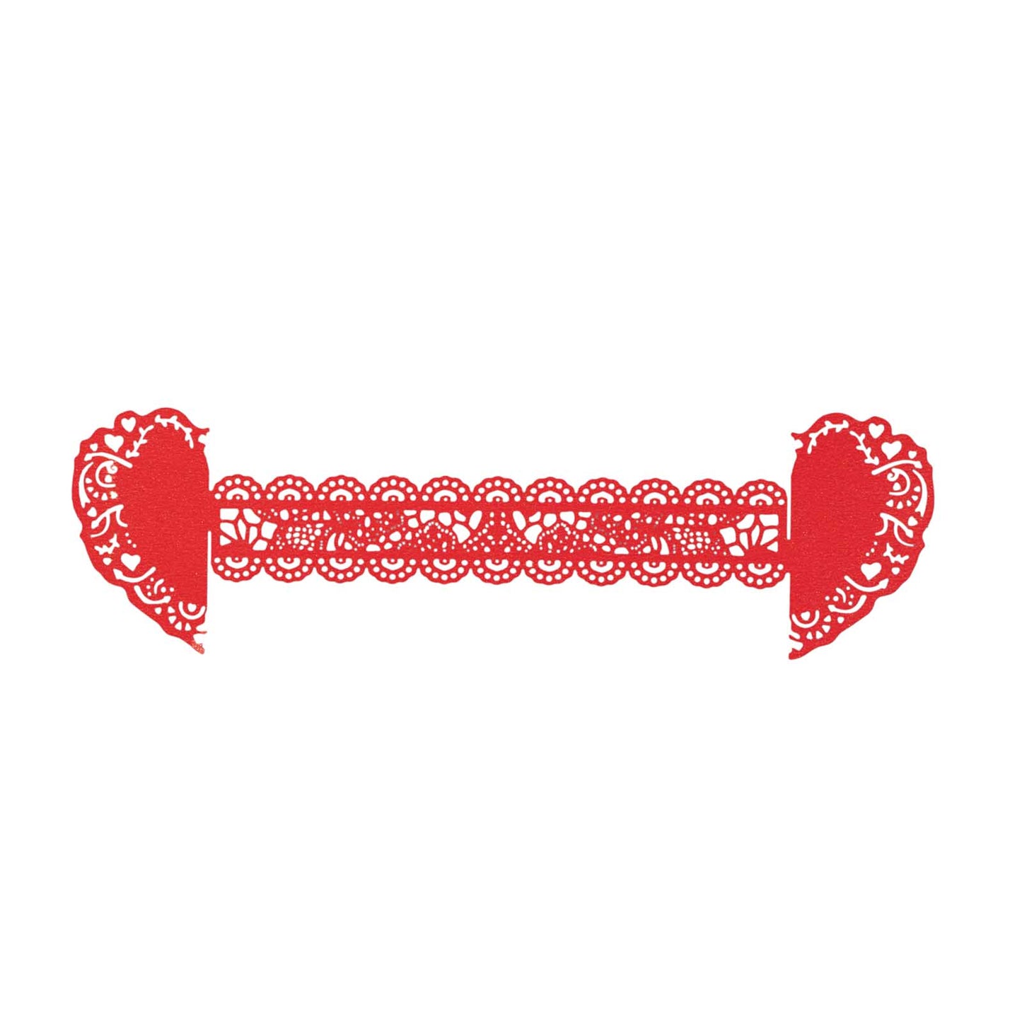 Red shimmery laser cut heart napkin holders with lace pattern.