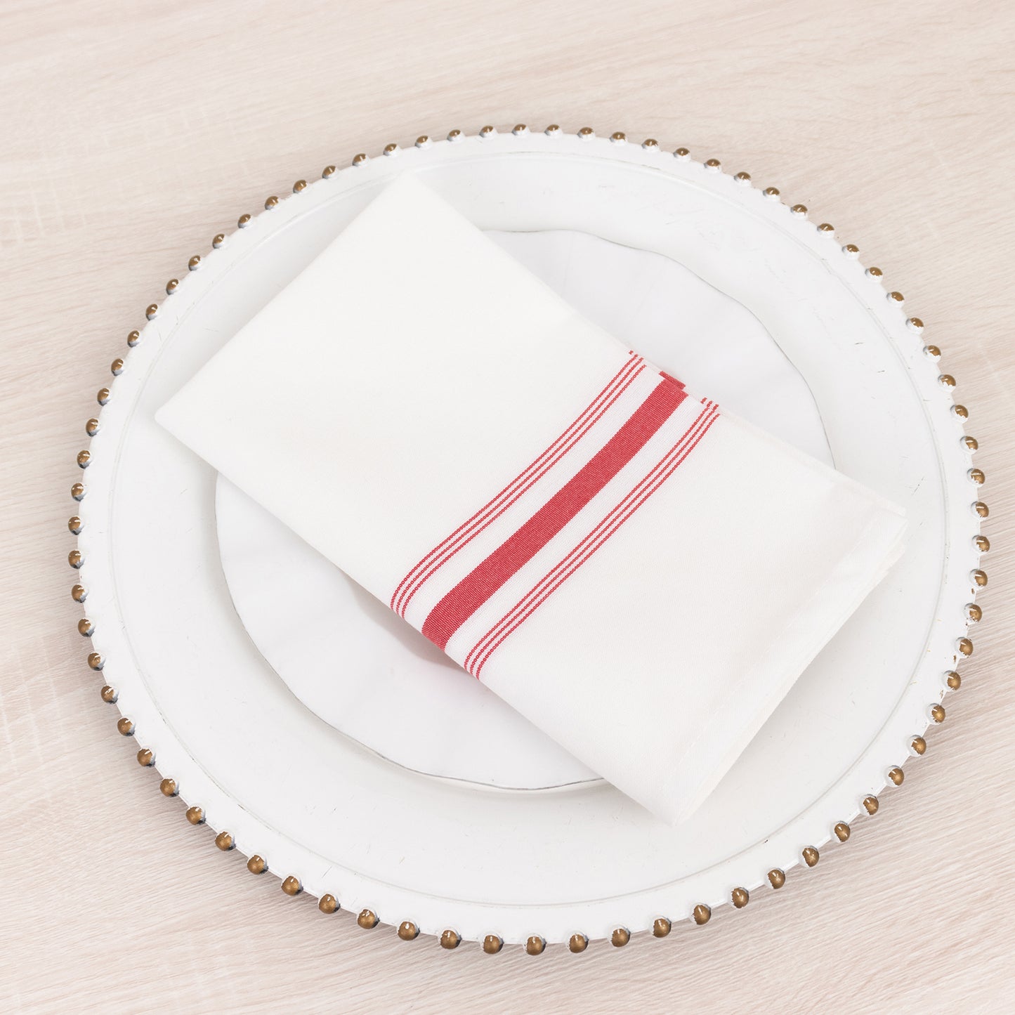 10 Pack White Spun Polyester Cloth Napkins with Red Reverse Stripes, Premium Restaurant Quality Bistro Napkins - 18"x22"