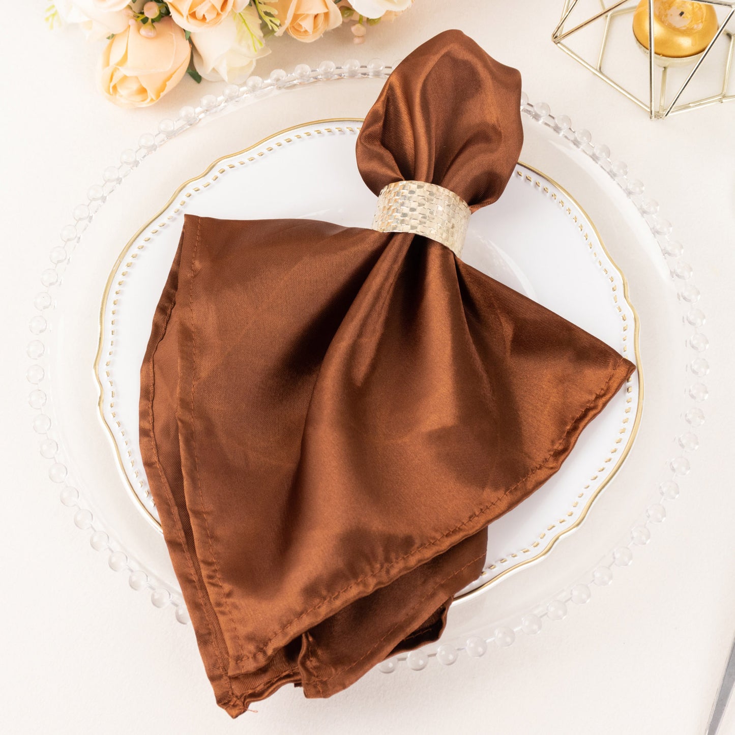 5 Pack Cinnamon Brown Satin Cloth Napkins with Hemmed Edges, Reusable Dinner Napkins - 20"x20"