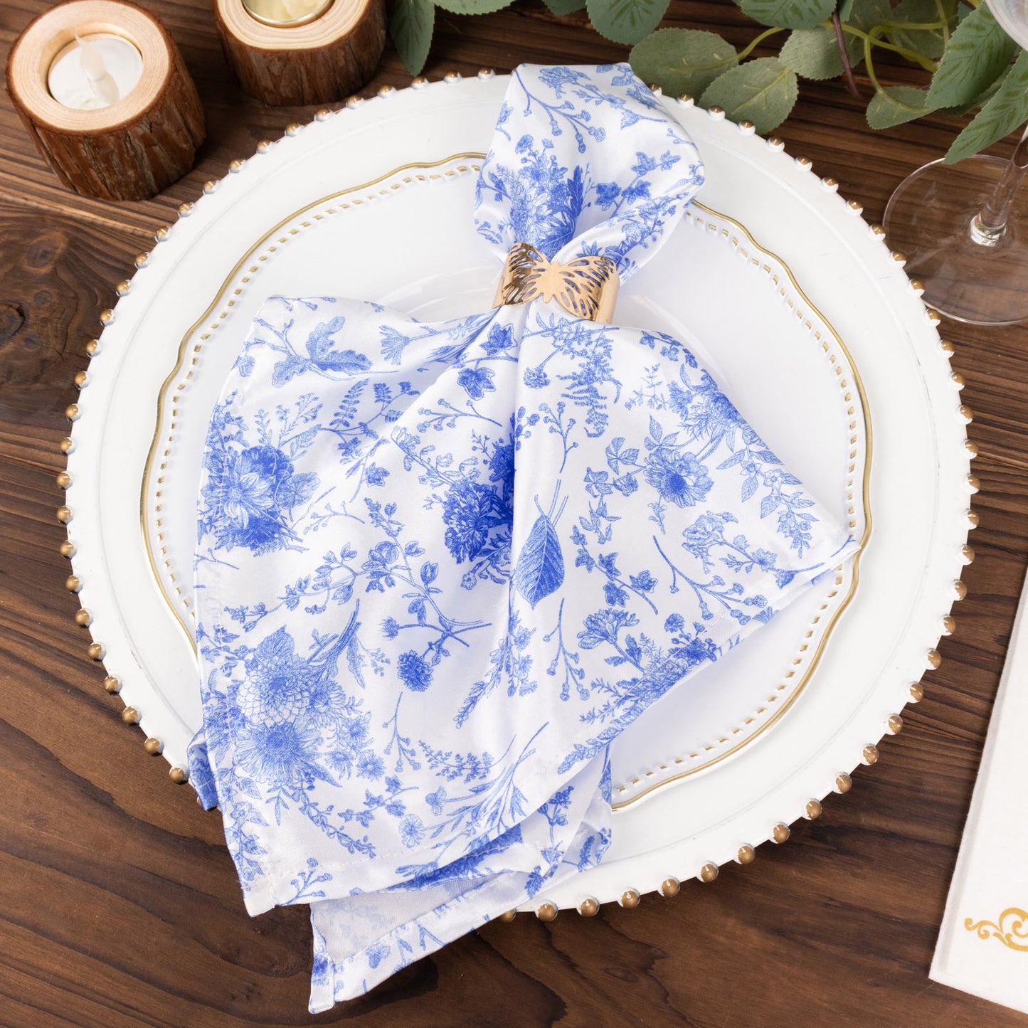 5 Pack White Blue Satin Cloth Dinner Napkins in French Toile Floral Pattern, Wrinkle Resistant Table Napkins - 20"x20"