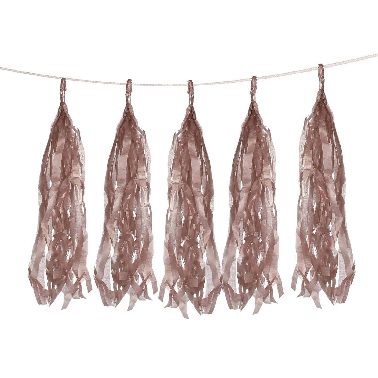 Rose gold paper fringe tassels on garland string for decoration.