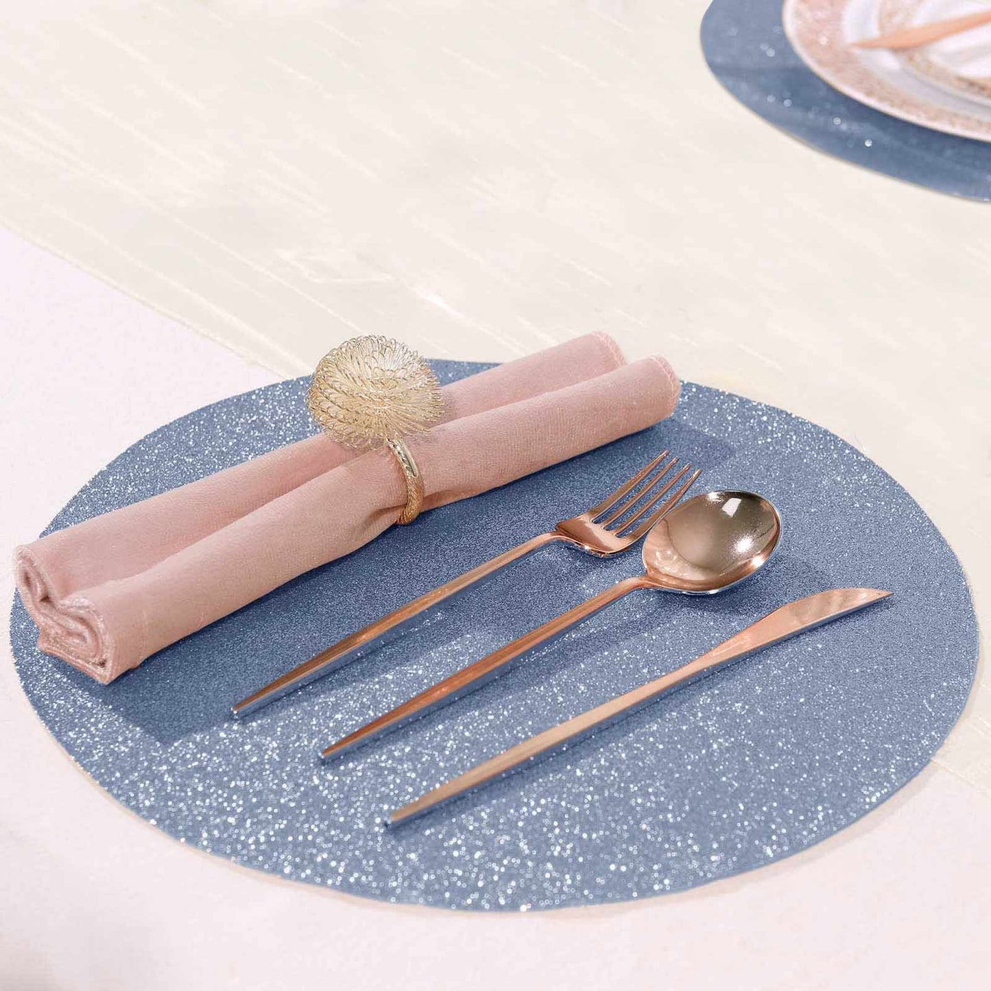 6 Pack | Dusty Blue Sparkle Vinyl Placemats, Non Slip Decorative Round Glitter Table Mat