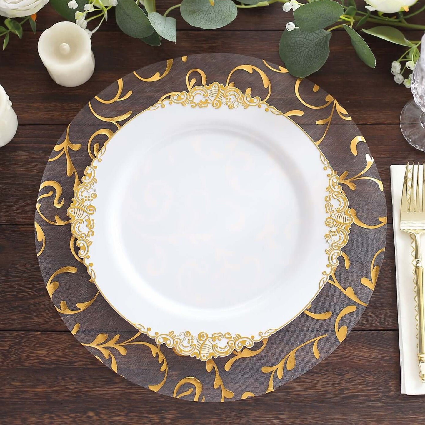 Metallic gold sheer organza dining table mat with embossed flower design.
