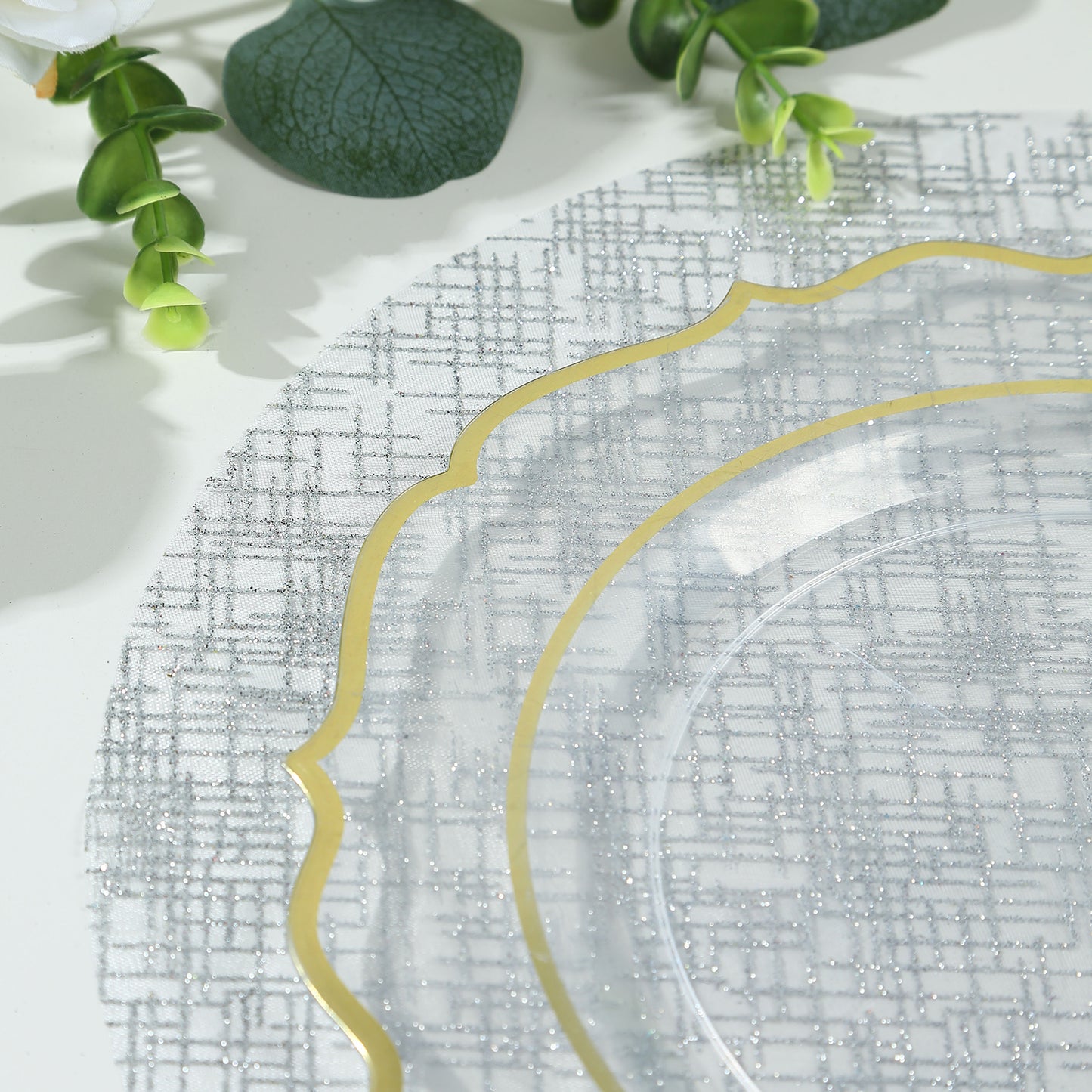 Metallic silver glitter round table mats for dining, 13" disposable placemats.