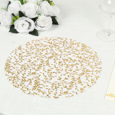 White Mesh Organza Round Placemats with Gold Foil Leaf Vines White Mesh Organza Round Placemats with Gold Foil Leaf Vines