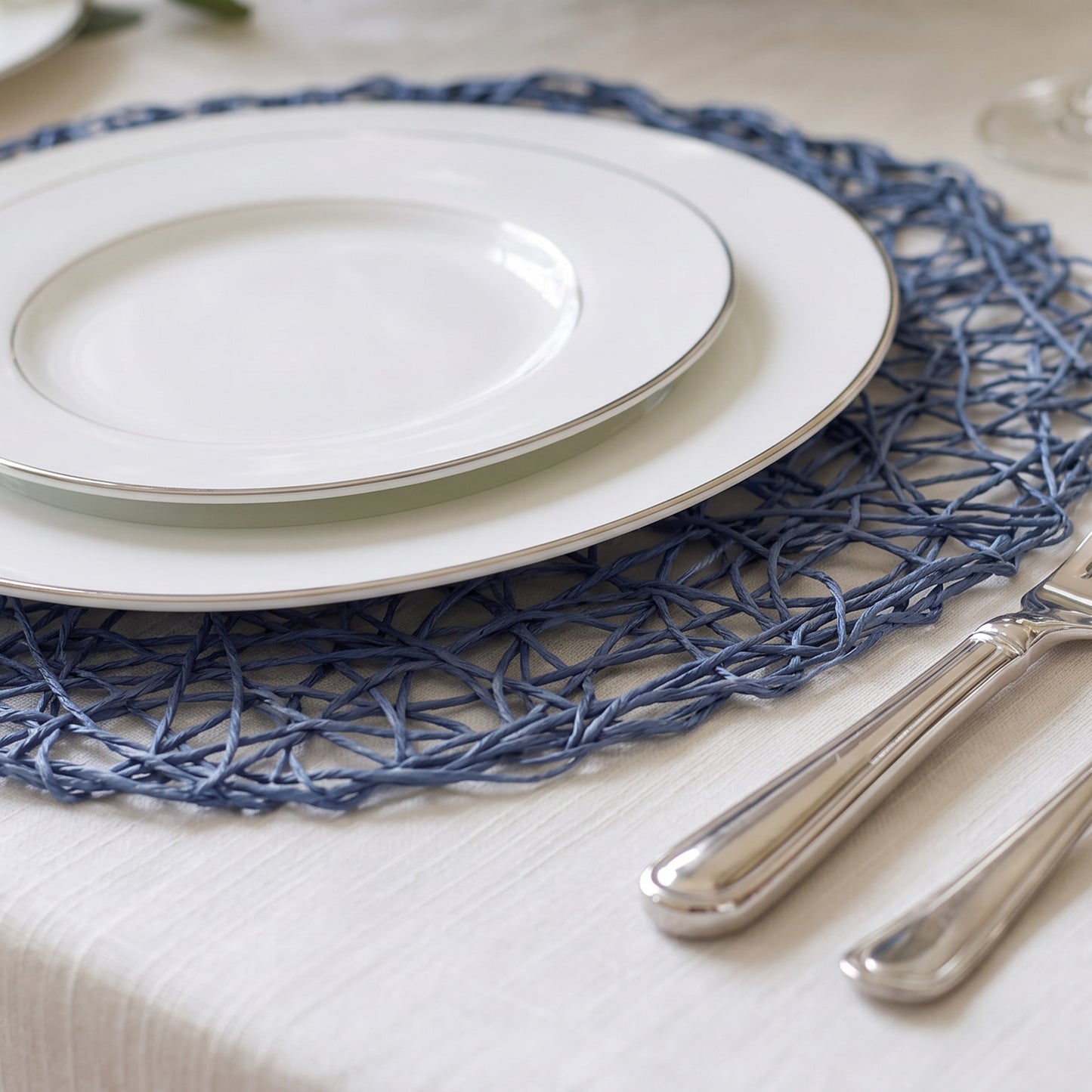 6-Pack Table Placemats Woven Fiber Design Denim Blue Round - Disposable Mats for Dining and Events 1