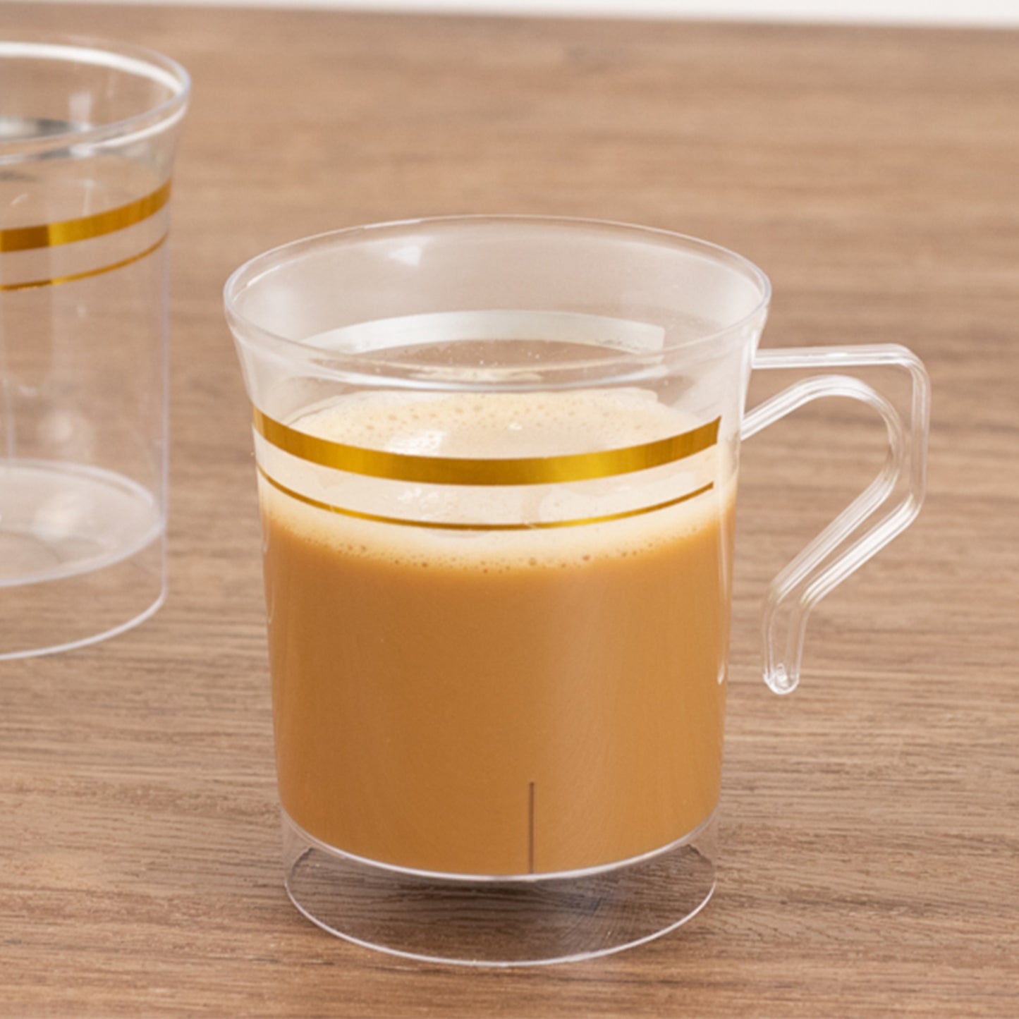 8 Pack 8oz Clear Plastic Coffee Mugs with Gold Stripes, Disposable Tea Cups with Handle - 3.5"