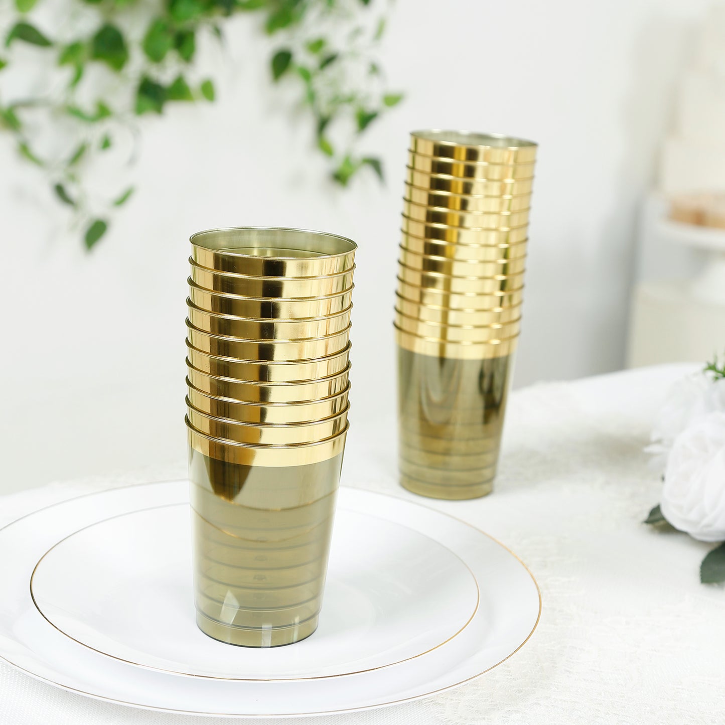 25-Pack Plastic Tumbler Cups Transparent Dusty Sage Green with Gold Rim - Stylish Disposable Party Glasses 10oz
