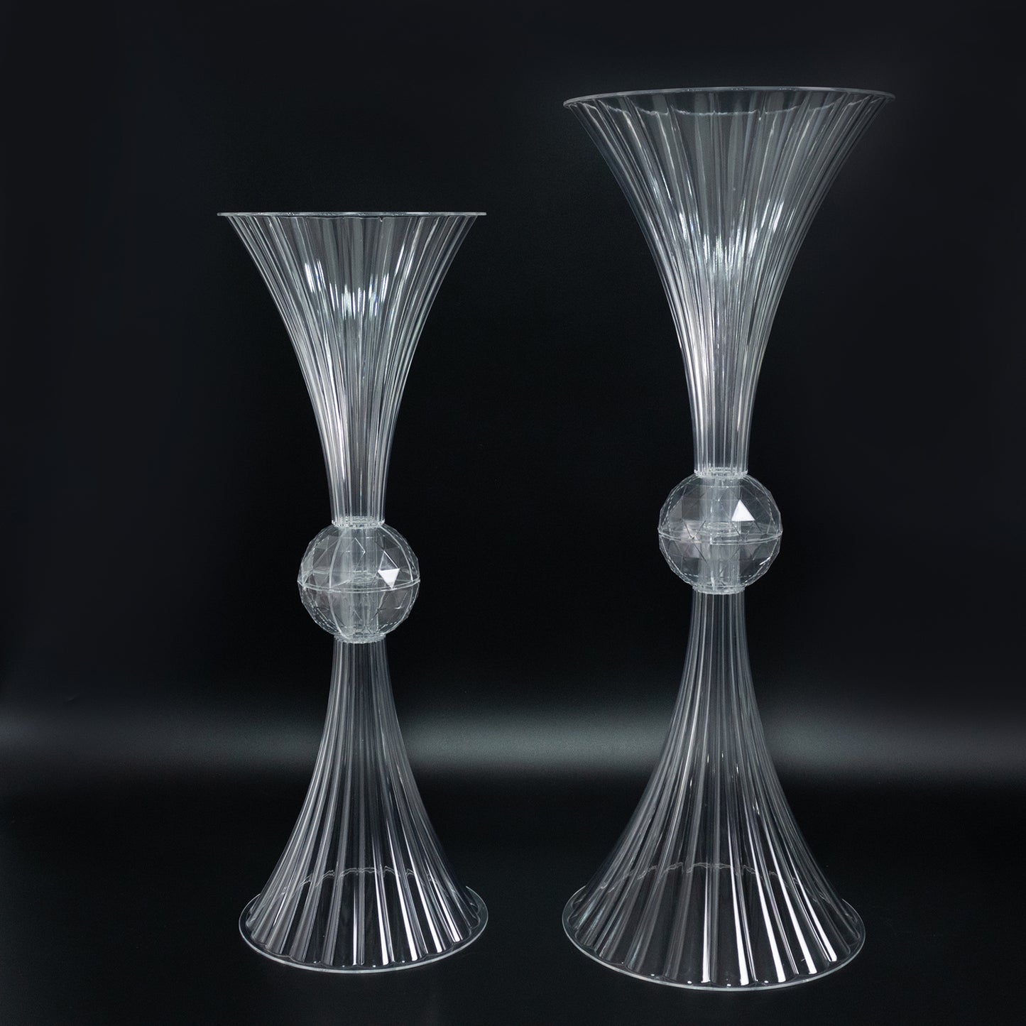 4 Pack Clear Ribbed Acrylic Trumpet Vases – 28" Reversible Flower Centerpiece with Crystal Ball Accent