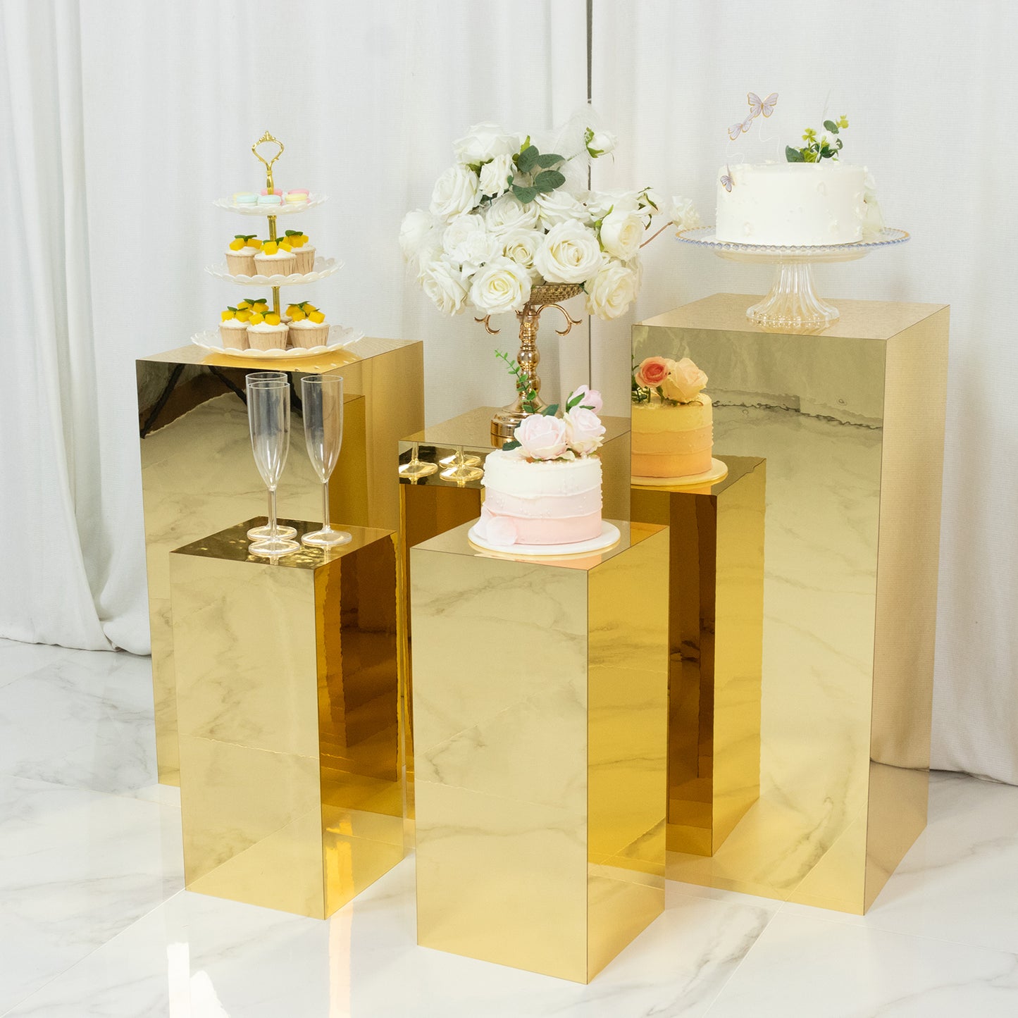 Set of 5 Gold Mirror Acrylic Pedestal Stands – Pre-Assembled Rectangular Display Risers for Retail, Parties & Event Décor – 20", 22", 24", 28", 32"