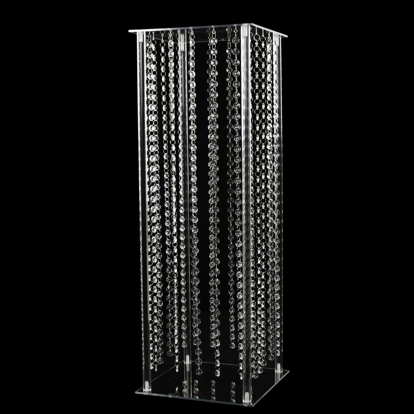 Clear acrylic flower pedestal stand with hanging crystal beads.