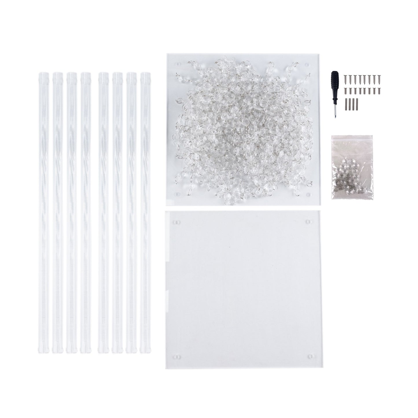 Clear acrylic flower pedestal stand with hanging crystal beads and accessories.