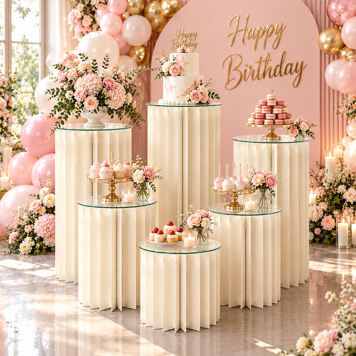 Set of 6 Cylinder Pedestal Display Stands for Dessert & Event Décor, Ivory Foldable Cardboard with C