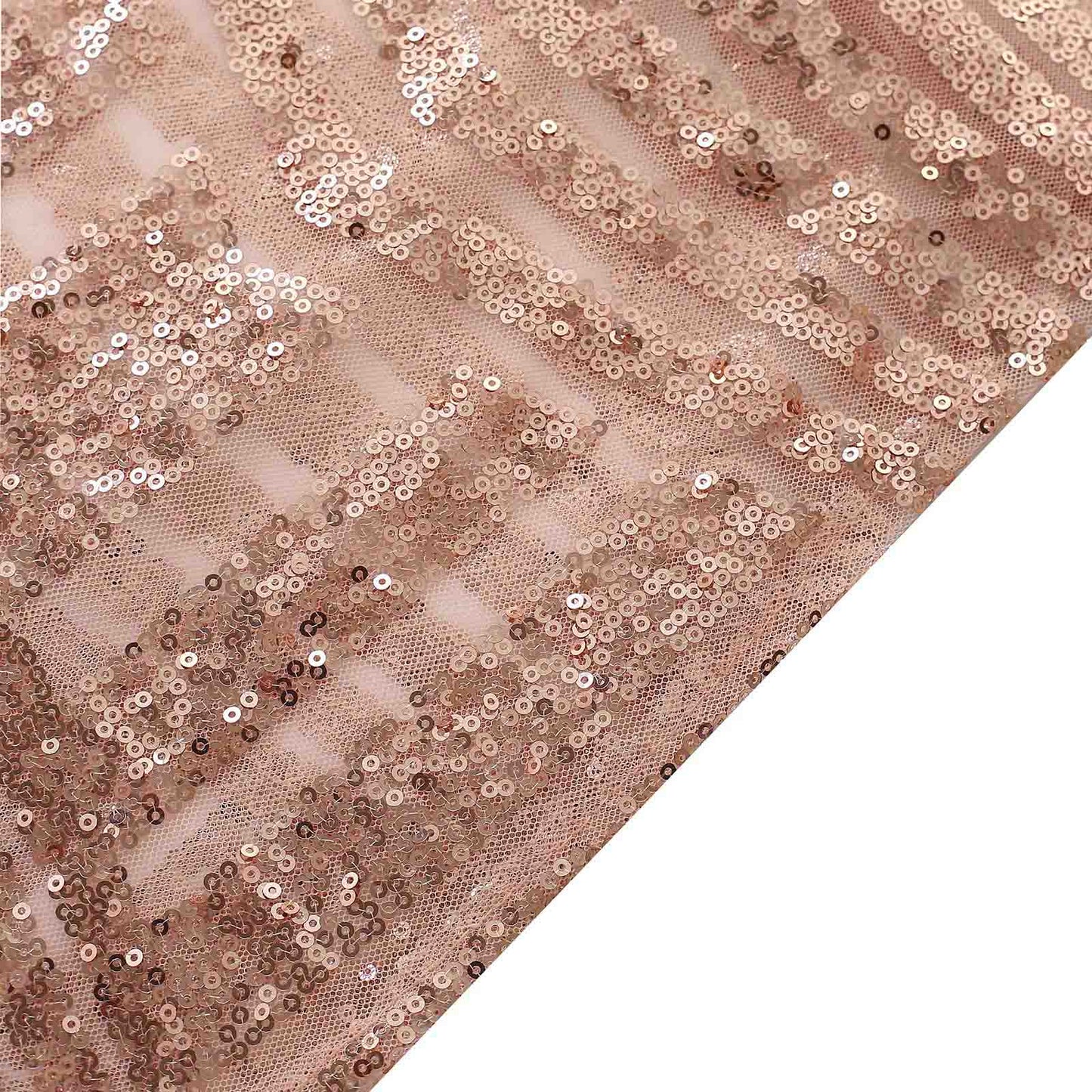 Rose gold sequin mesh pedestal stand covers with geometric pattern.