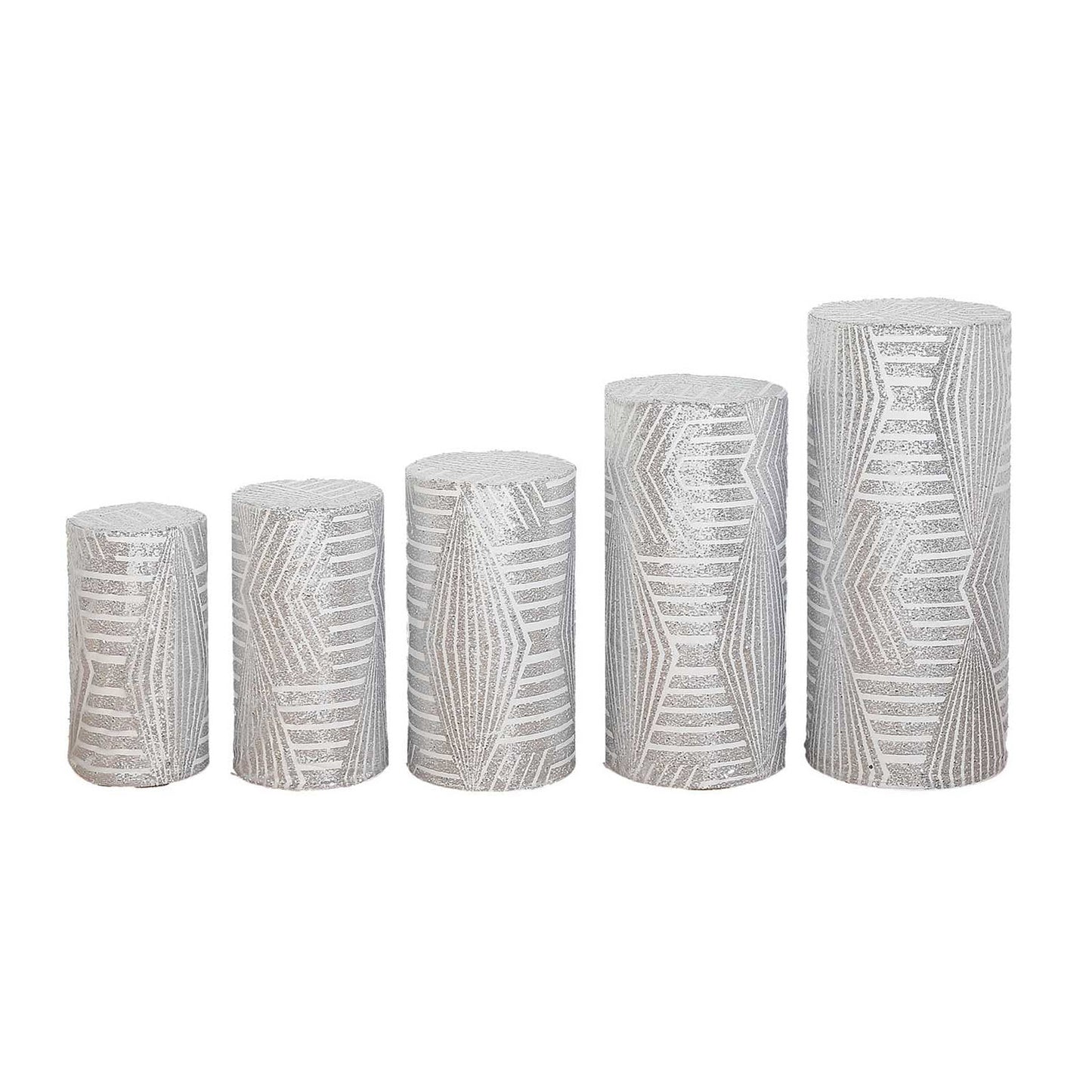 Set of 5 silver sequin mesh pedestal stand covers with geometric pattern.