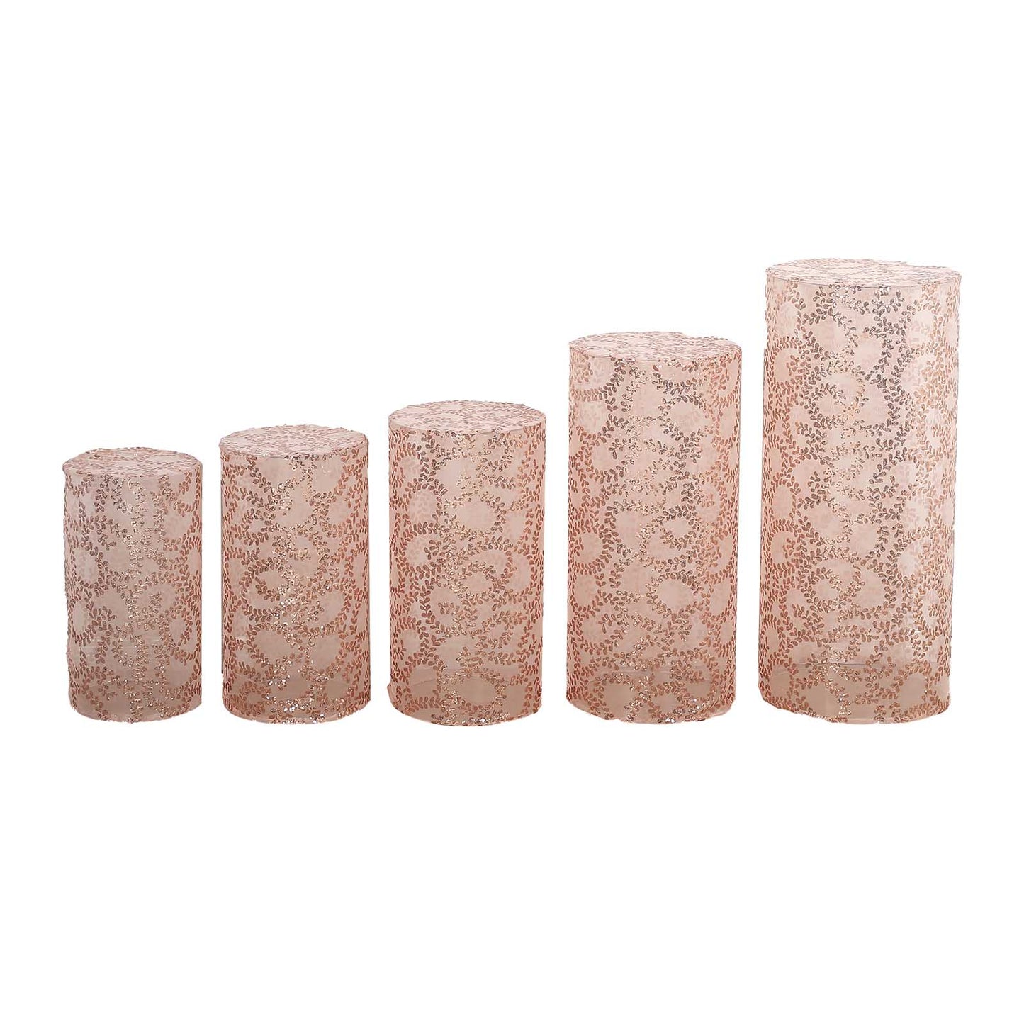 Rose gold sequin mesh pedestal stand covers with leaf vine embroidery.